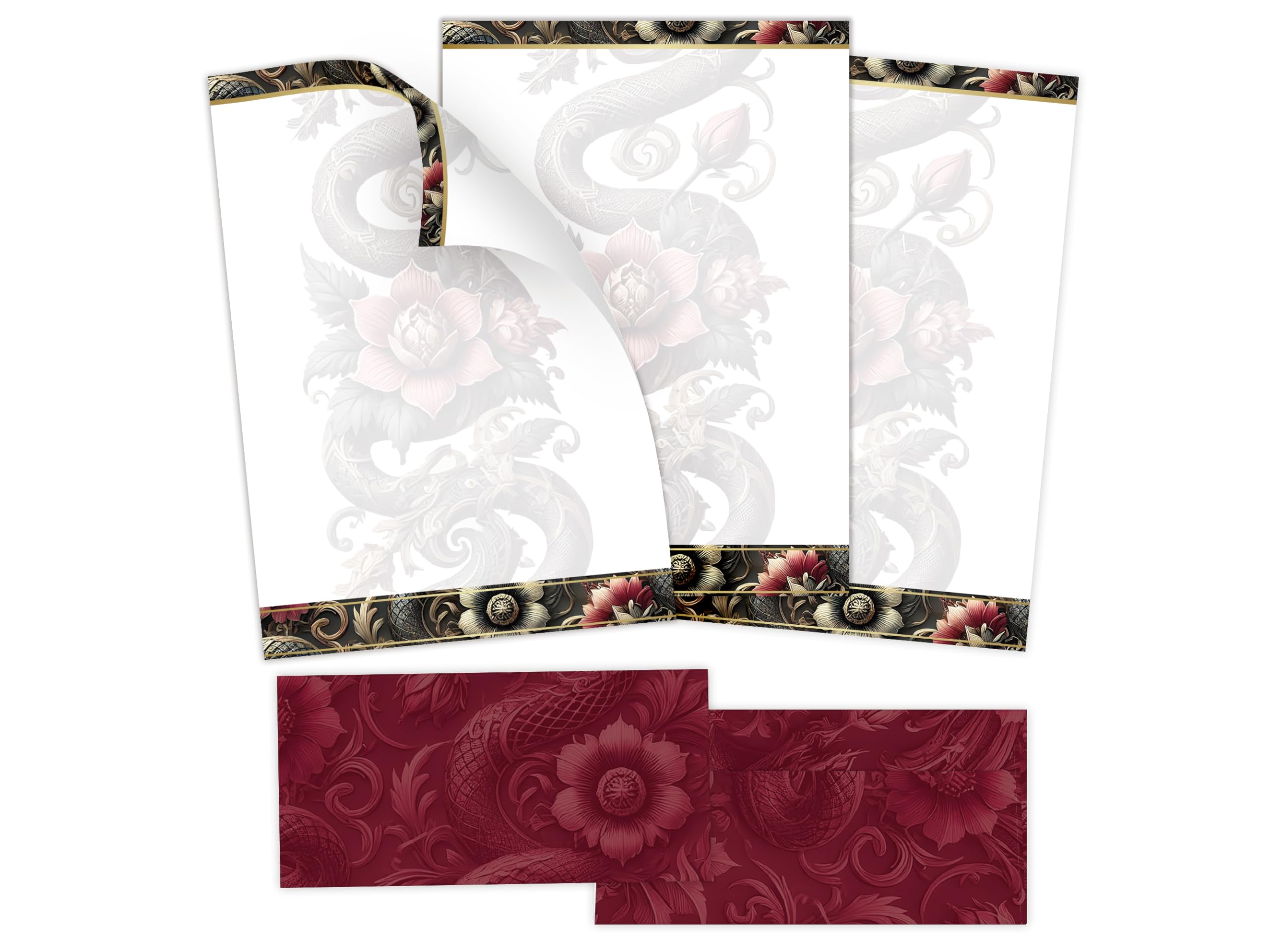 Briefpapier-Set 250 Briefbögen DIN A4 + 250 Kuverts DIN-lang ohne Fenster haftklebend - Papier beidseitig bedruckbar Geburtstag Jubiläum Hochzeit Menükarte Geschenk - Chinesischer Drache & Blume