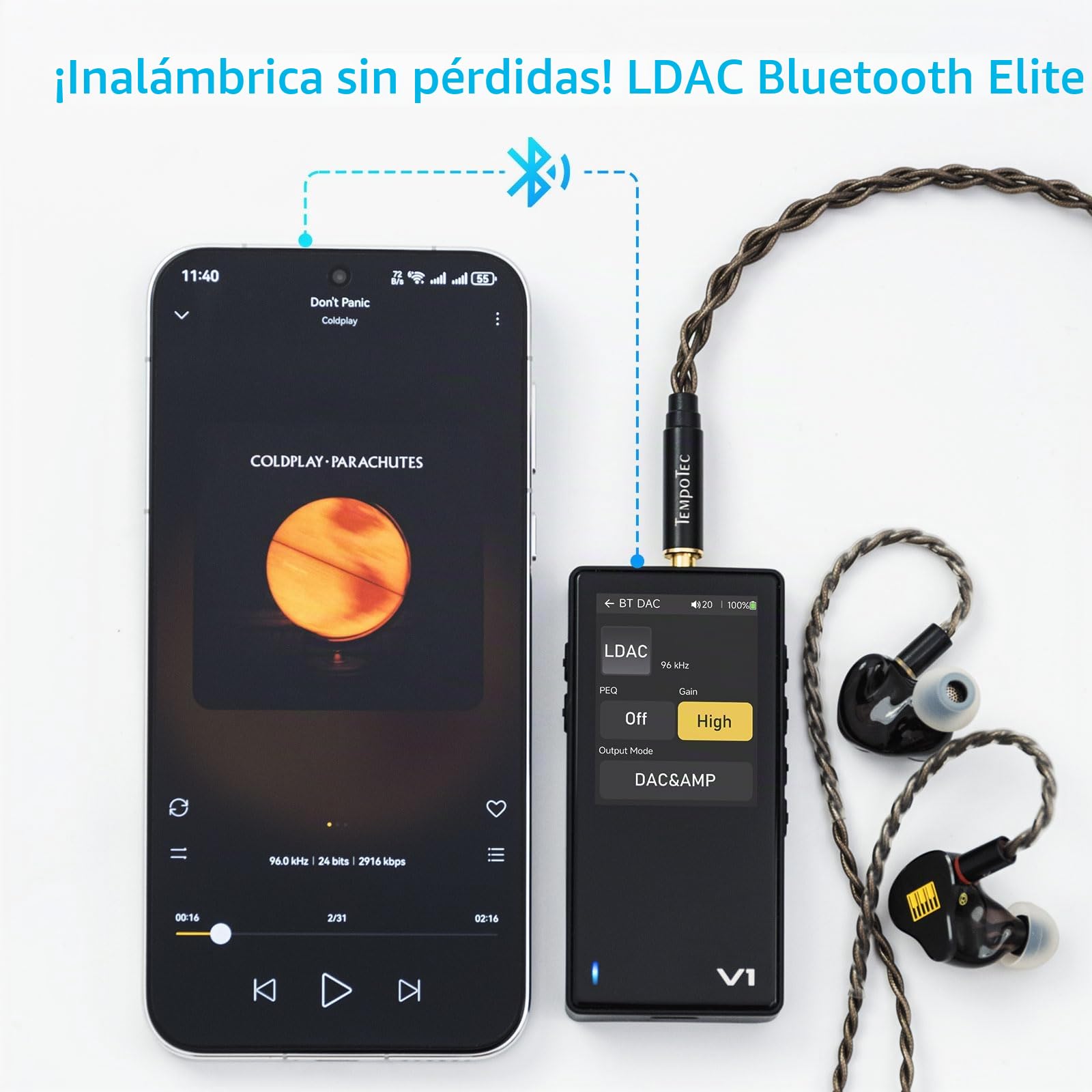 TempoTec Variations V1 - Reproductor de música HiFi portátil, reproductor de audio digital con Bluetooth 5.1, conector para auriculares de 4,4 mm y 3,5 mm + clip negro en la parte posterior