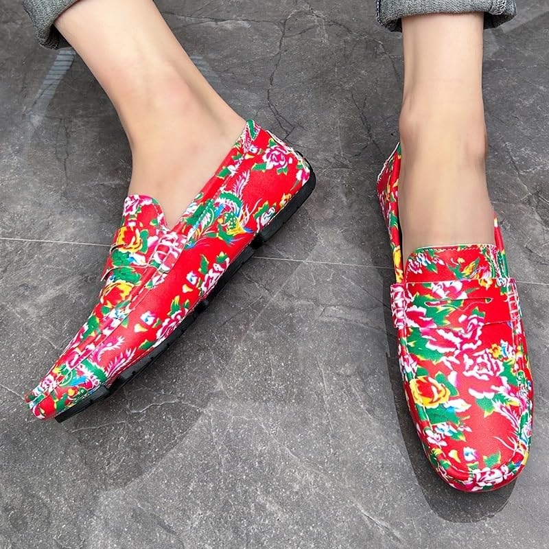 Mens Loafers Shoe Square Toe Leather Floral Two Tone Resistant Anti-Slip Flat Heel Fashion Casual Slip On3
