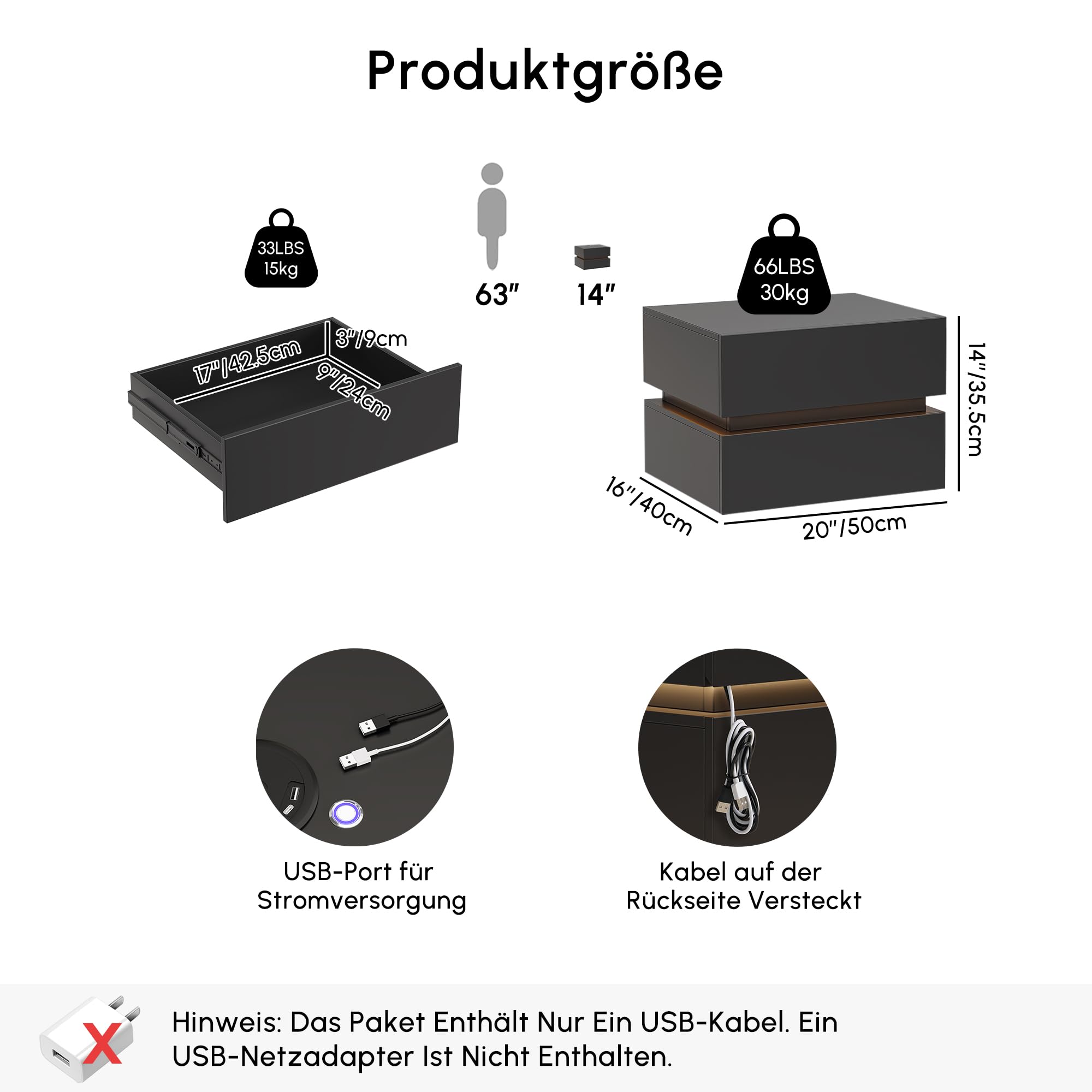 Homary Nachttisch 2er Set Schwebender Nachttisch mit 2 Schubladen, Lumio Nachttisch wandmontage mit LED-Beleuchtung und Ladestation, ideal als nachttisch hängend im Schlafzimmer in Schwarz, 2er Set