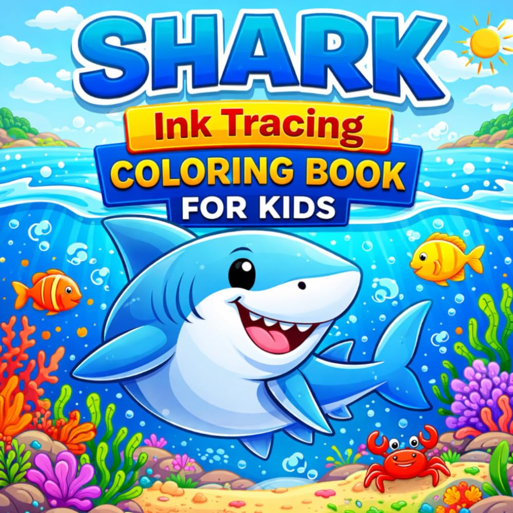 Shark Ink Tracing Coloring Book for Kids: 40 Cute Funny Shark Coloring Pages in Light Gray Outlines to Trace and Color
