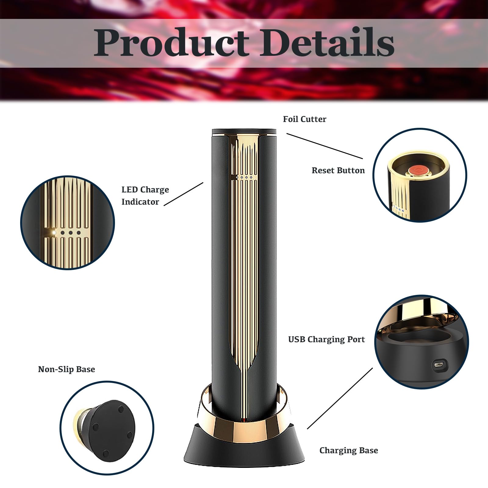 Abridor eléctrico de botellas de vino con base de carga y cortador de aluminio integrado de acero, sacacorchos automático recargable, fácil apertura de botellas, regalos de vino de lujo para los