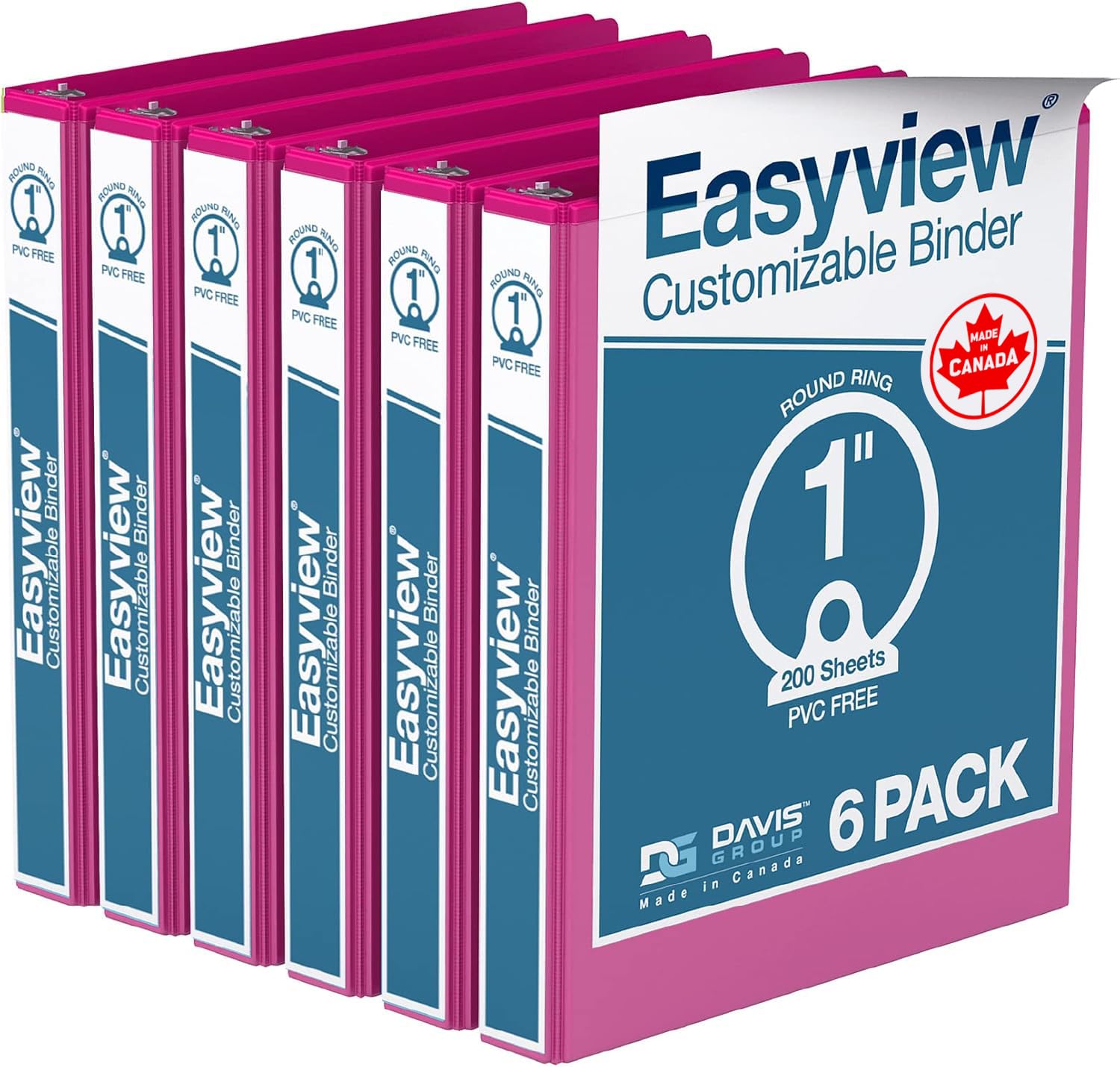 Easyview Premium 3-Ring Binders with Clear-View Covers and Round Rings, Binders for School or Office, 1 Inch, Pack of 6, Pink