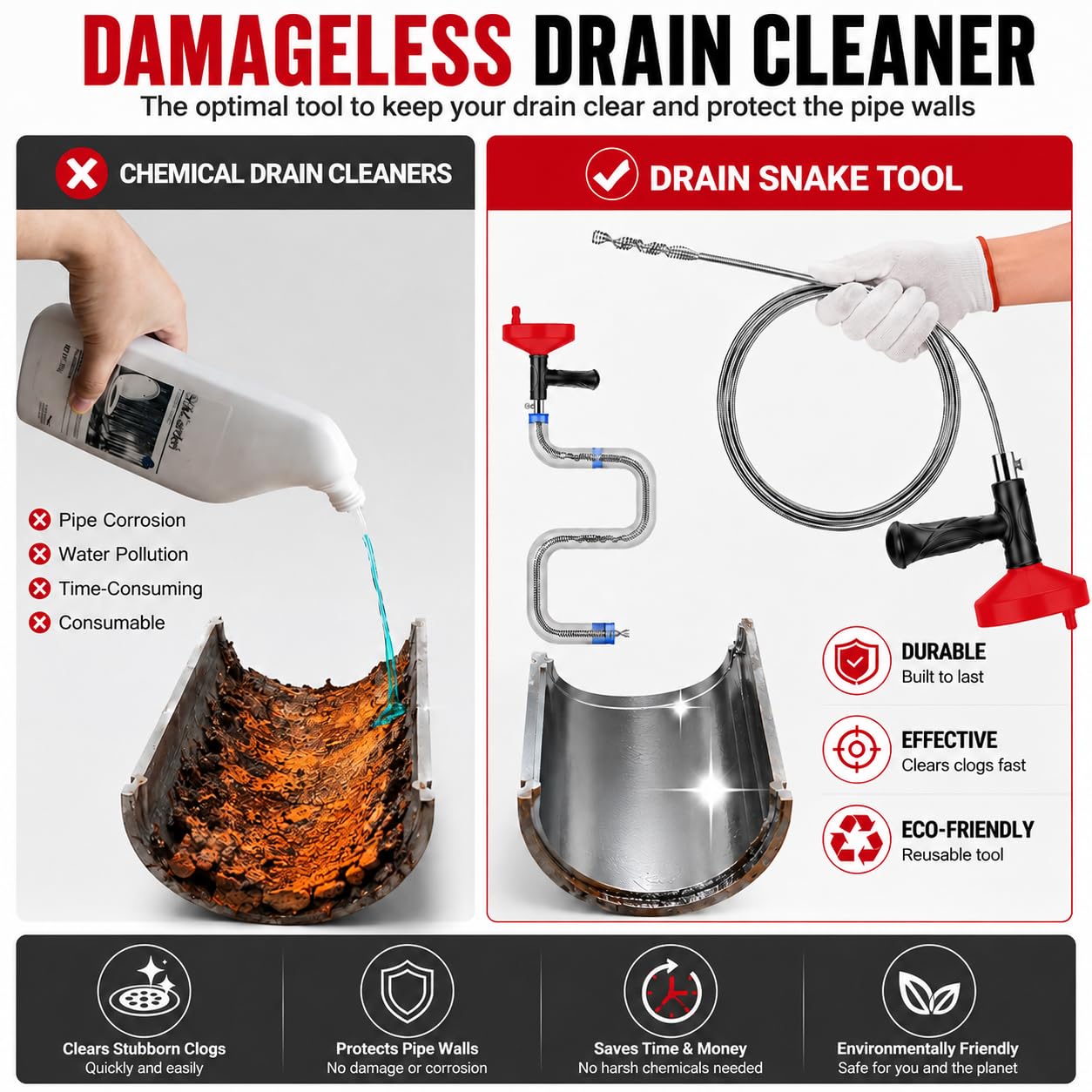Tarière serpent de plomberie de 10 m, outil de débouchage de canalisation, outil de débouchage d'évier, outil de nettoyage de canalisations pour salle de bain, cuisine, baignoire, douche avec gants