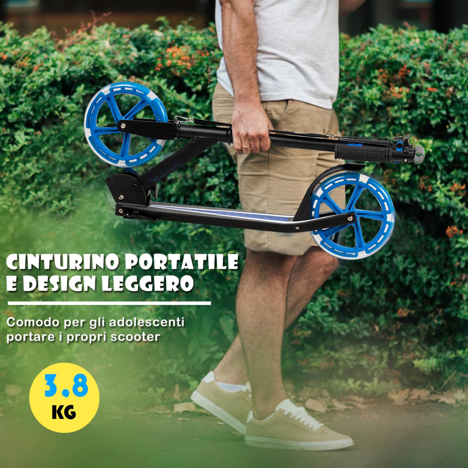 COSTWAY Monopattino Pieghevole con Altezza Regolabile, 2 Ruote Luminose con Freno, Manubrio Regolabile, Pedana Antiscivolo, Tracolla e Cavalletto, Scooter Portata 100kg, 10+ Anni