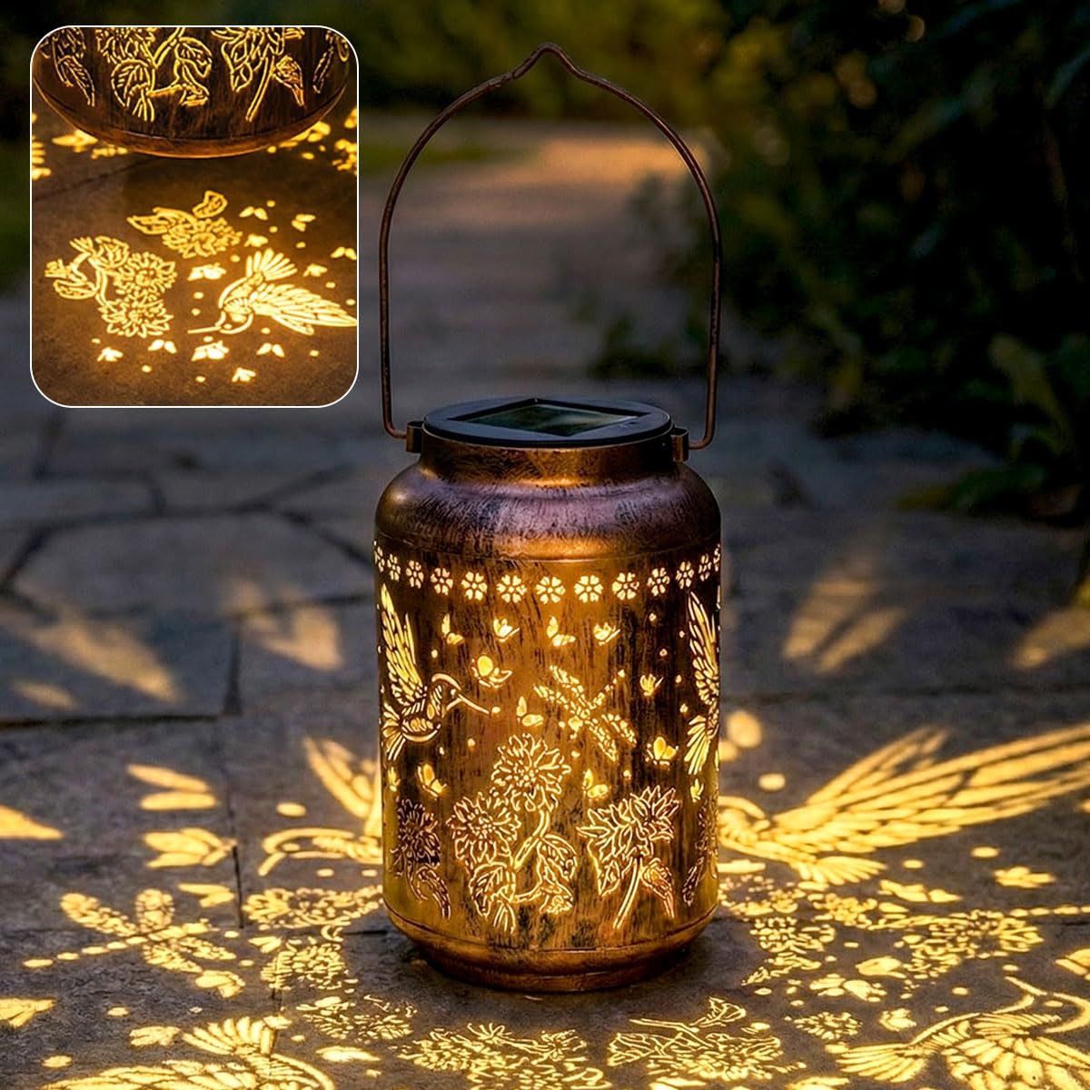 Solar Hanging Garden Lantern, Hummingbird & Dragonfly Decorative Outdoor Light, IP65 Waterproof Lantern for Patio, Yard, Pathway & Balcony, 1 Pack