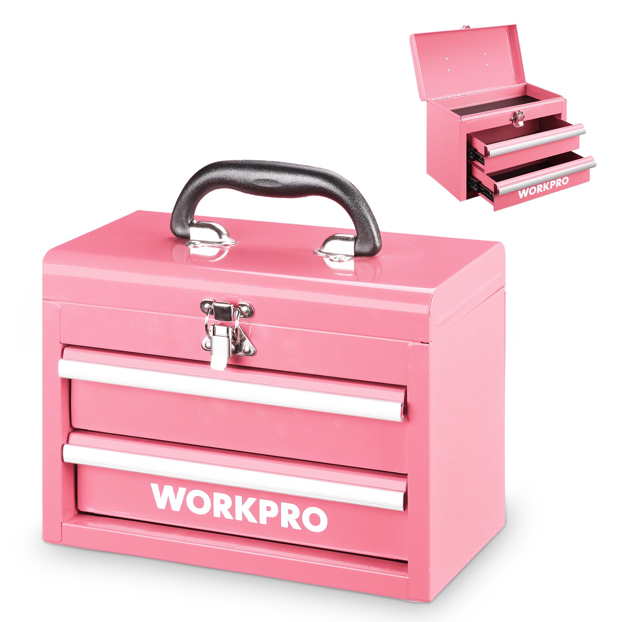 WORKPRO Maletín de Herramientas Metálico con 2 Cajones, Organizador Portátil Pequeño con Asa y Cerradura, Caja de Herramientas para Uso Doméstico, Oficina y Taller - Rosa