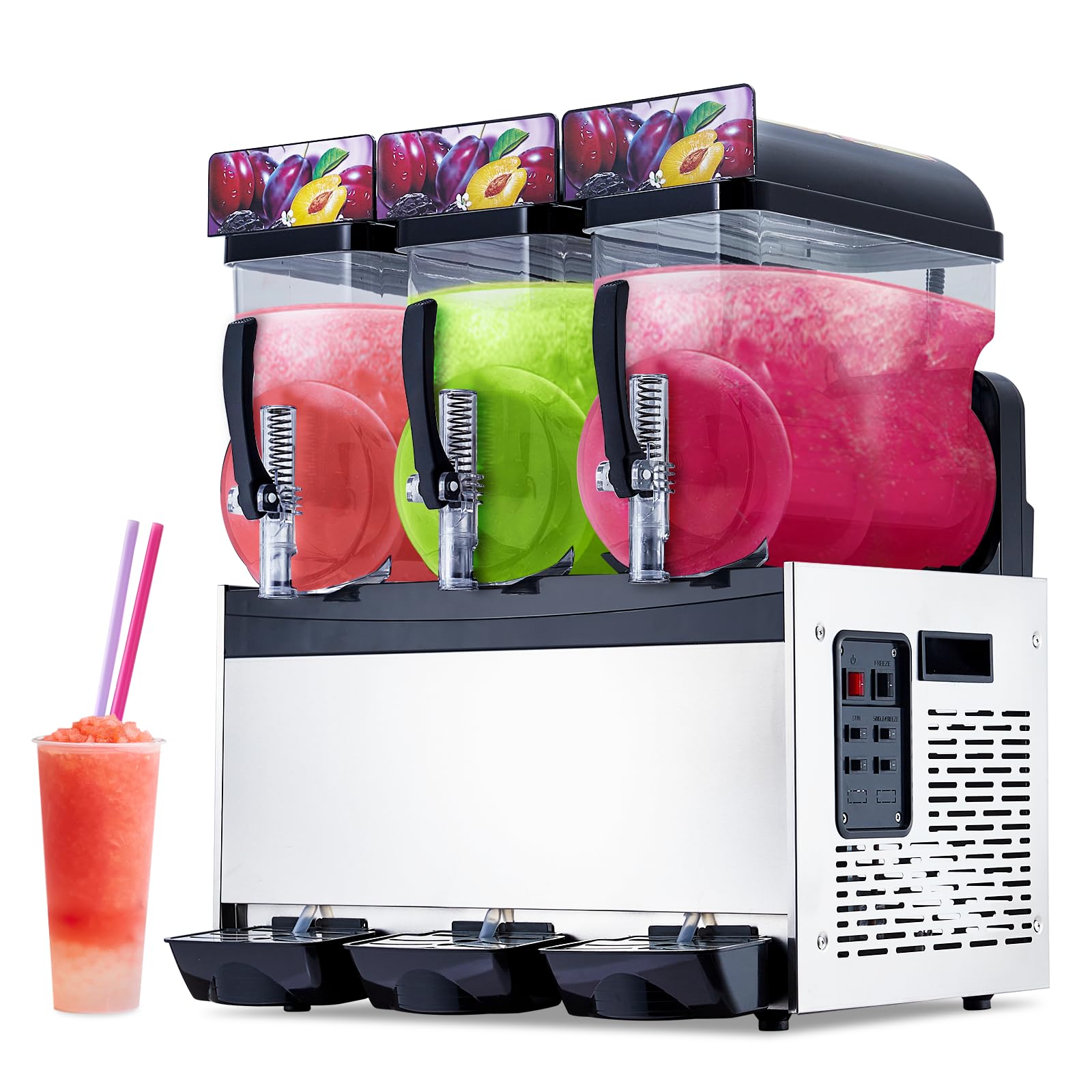 Commercial Slushy Machine 15Lx3 Tanks, Frozen Drink Maker for Margaritas, 128 Cups Slush Cocktail Drink, Smoothie Machine, Stainless Steel Slushy Machine for Bar & Party Slushie Maker, Black