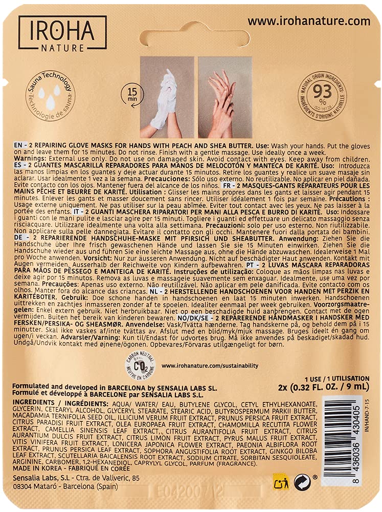 Iroha Nature - Guanti Maschera Riparatori | Pesca e Burro di Karité | Idratazione e Riparazione per Mani Danneggiate e Screpolate | Vegano e 93% Ingredienti Naturali | Sachet 20ml 2 Uds