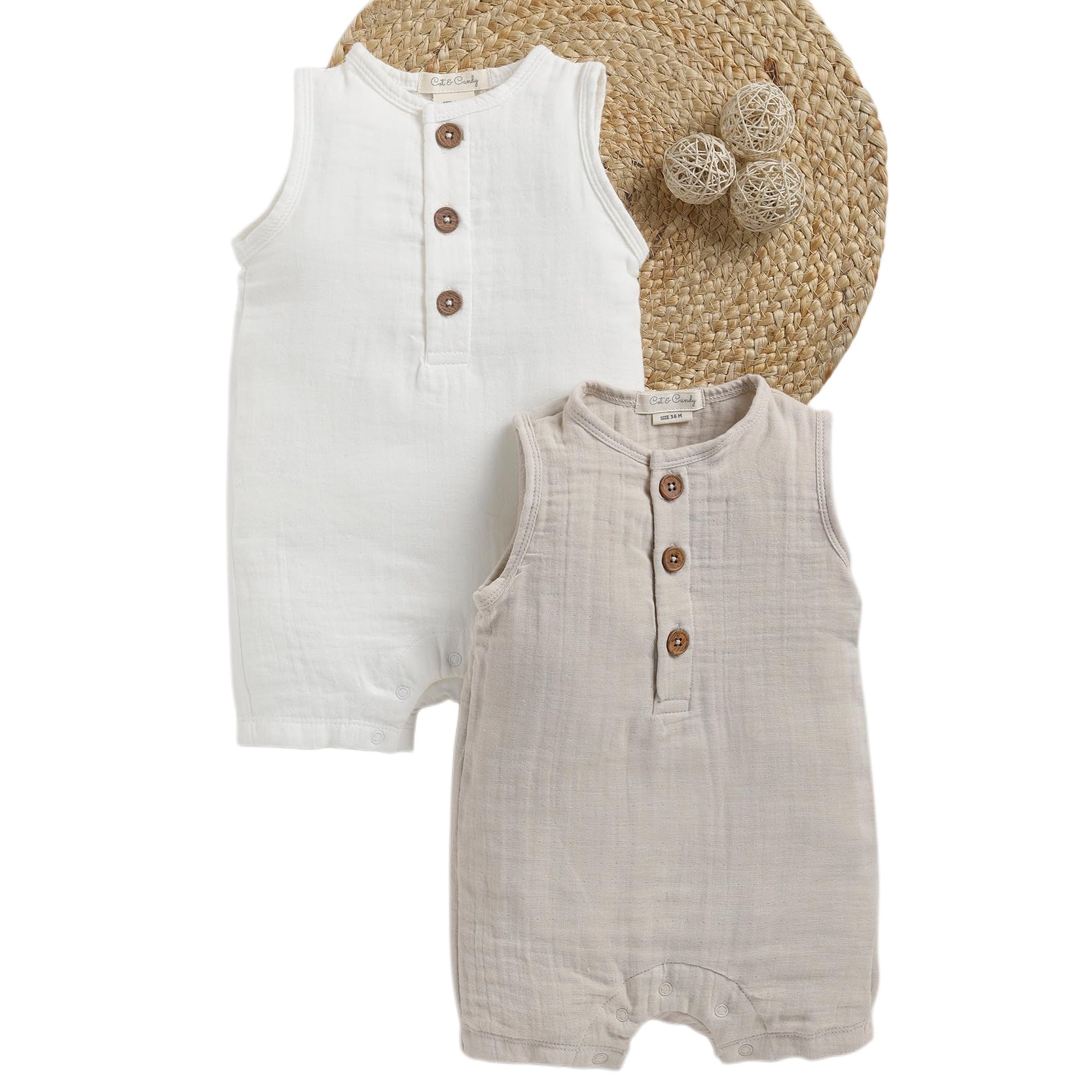 Cot & Candy Baby Organic Muslin Half Romper Pack Of 2-Milk + Oatmeal-picture-31