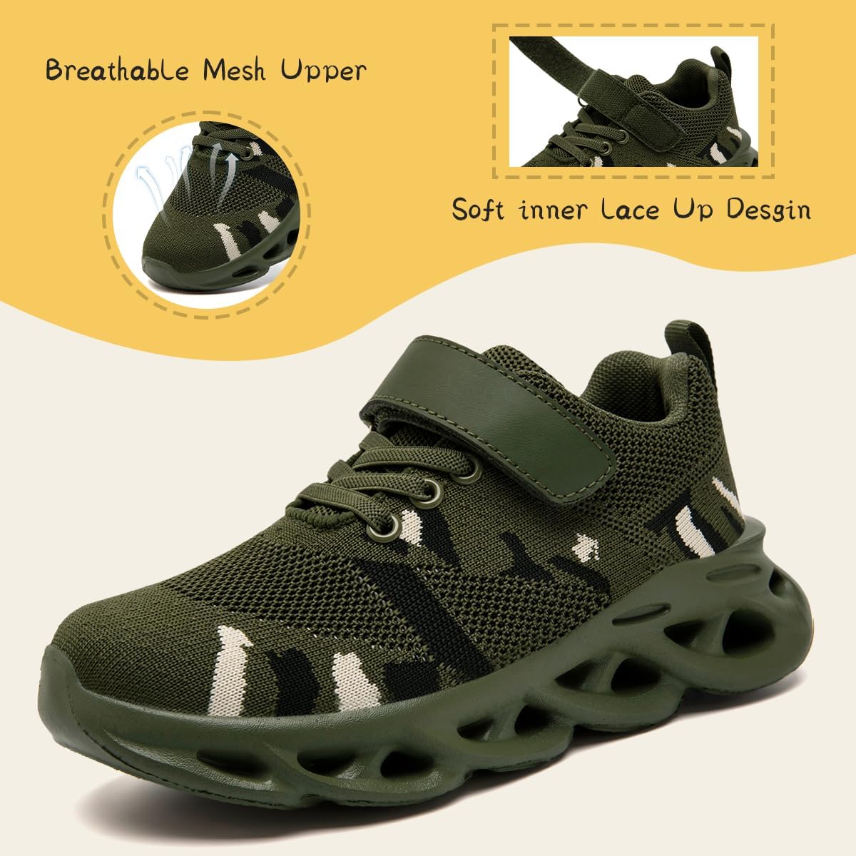 Kids Camo Sneakers for Boys – Lightweight Mesh Athletic Shoes with Hook & Loop Closure, Non-Slip Sole, Breathable Running & Walking Shoes for Little Kid, Big Kid