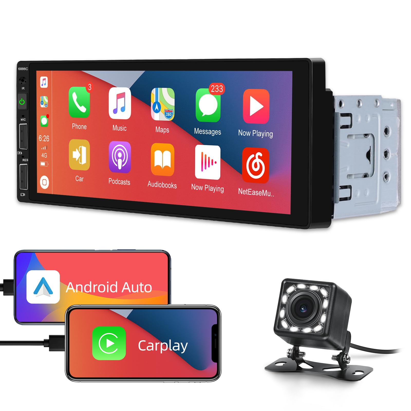 Autoradio 1 Din Con Wireless CarPlay E Android Auto – Schermo 6.9” Touch, Bluetooth, Telecamera Posteriore E Comandi Al Volante