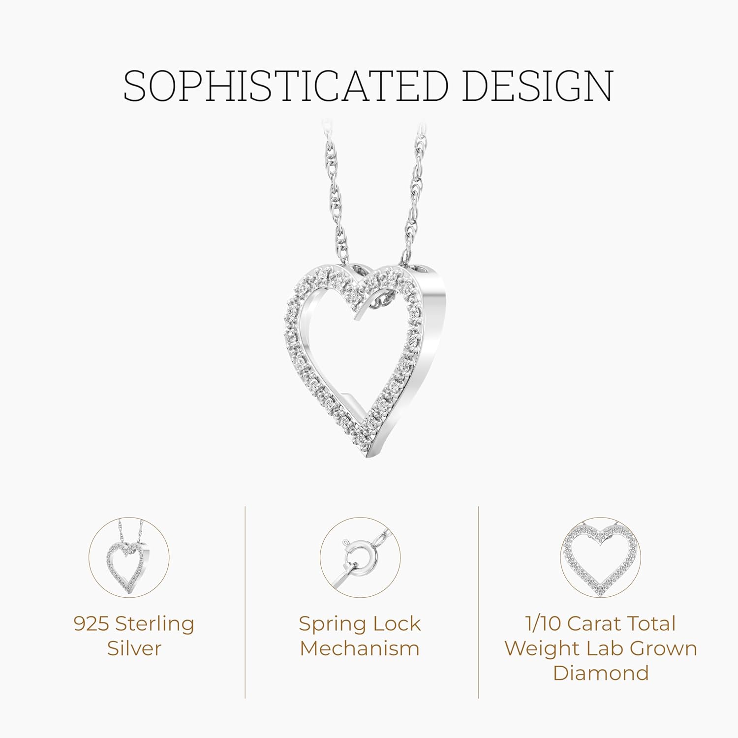 GILDED Itsy Bitsy Sterling Silver Heart Diamond Pendant Necklace, 0.10 Cttw, SI1 F-Color Lab grown diamond, 18” Chain with Spring Ring Lock