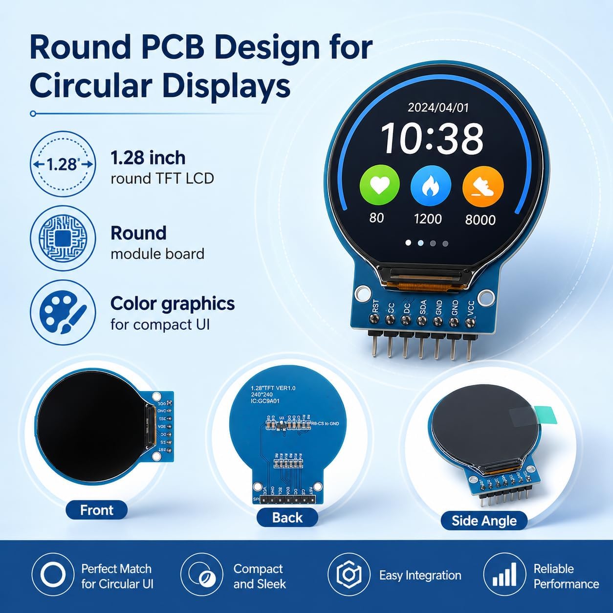1.28 Inch Round TFT LCD Display Module, Circular Color Screen Board for Watch-Style UI, Meters and DIY Projects