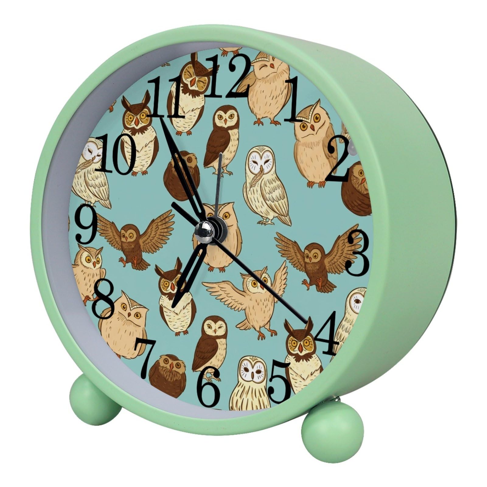 etoenbrc Owls Round Battery Operated Bedside Alarm Clock Non-Ticking Desktop Silent Analog Alarm Clock with Light