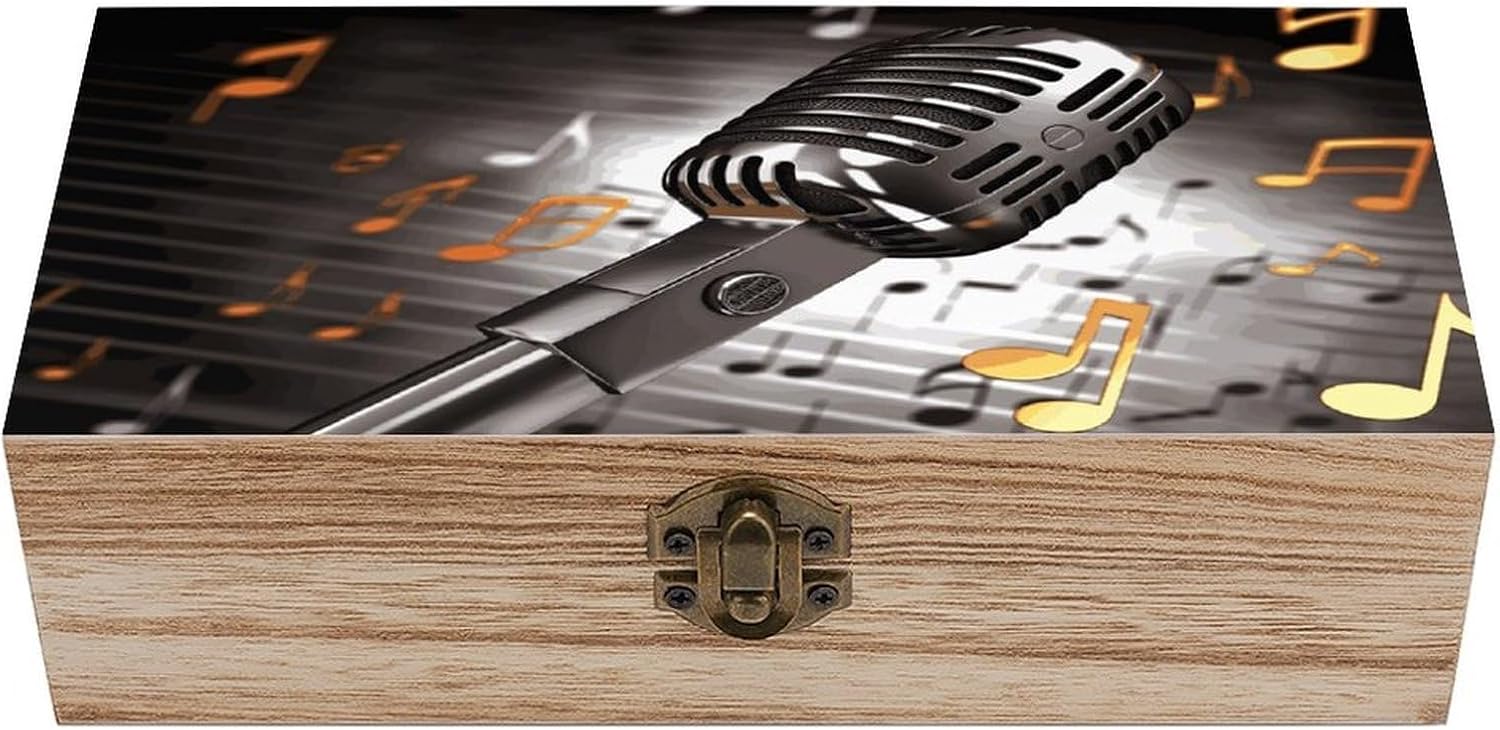 Microphone with Music Notes Wooden Keepsake Box with Hinged Lid Decorative Treasure Chest Handmade Jewelry Organizer Container for Storage Crafts Memory Wedding Bridal Shower Gifts