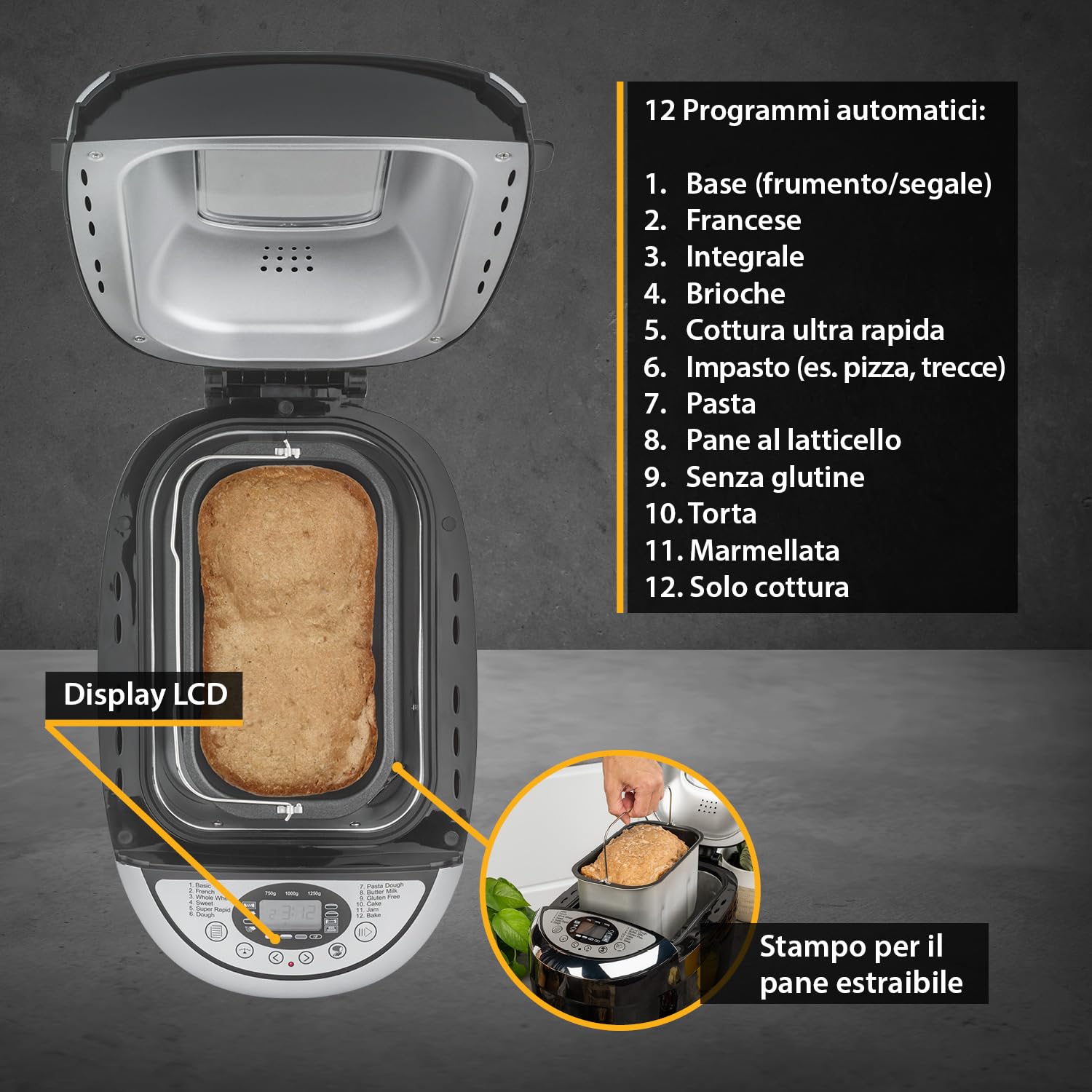TZS First Austria - Macchina per il pane con 12 programmi automatici 850W - Panificatore elettrico da 700-1250g - Con finestrella, timer, accessori e funzione di mantenimento in caldo - Nero