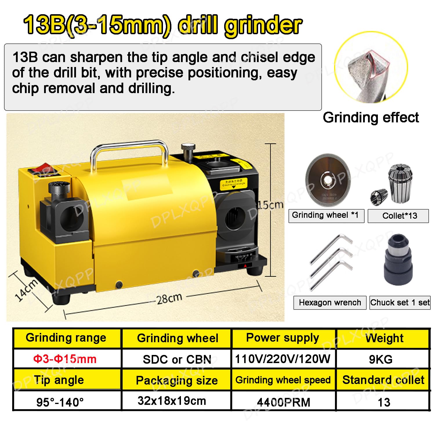 Afilador de brocas eléctrico portátil, motor de cobre puro de 4400 rpm, molienda multiángulo de 90°-135°, para brocas romas de 3 a 15 mm