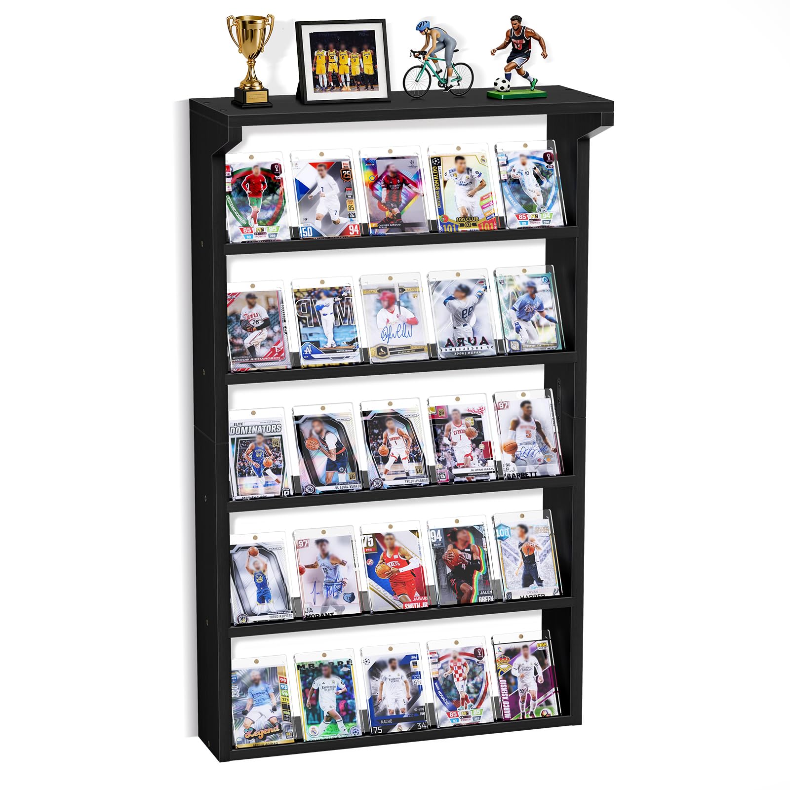 Espositore per carte collezionabili da parete, 5 ripiani, grande, in legno, con ripiano superiore, espositore per carte sportive, collezione di carte da baseball, basket, calcio (nero)