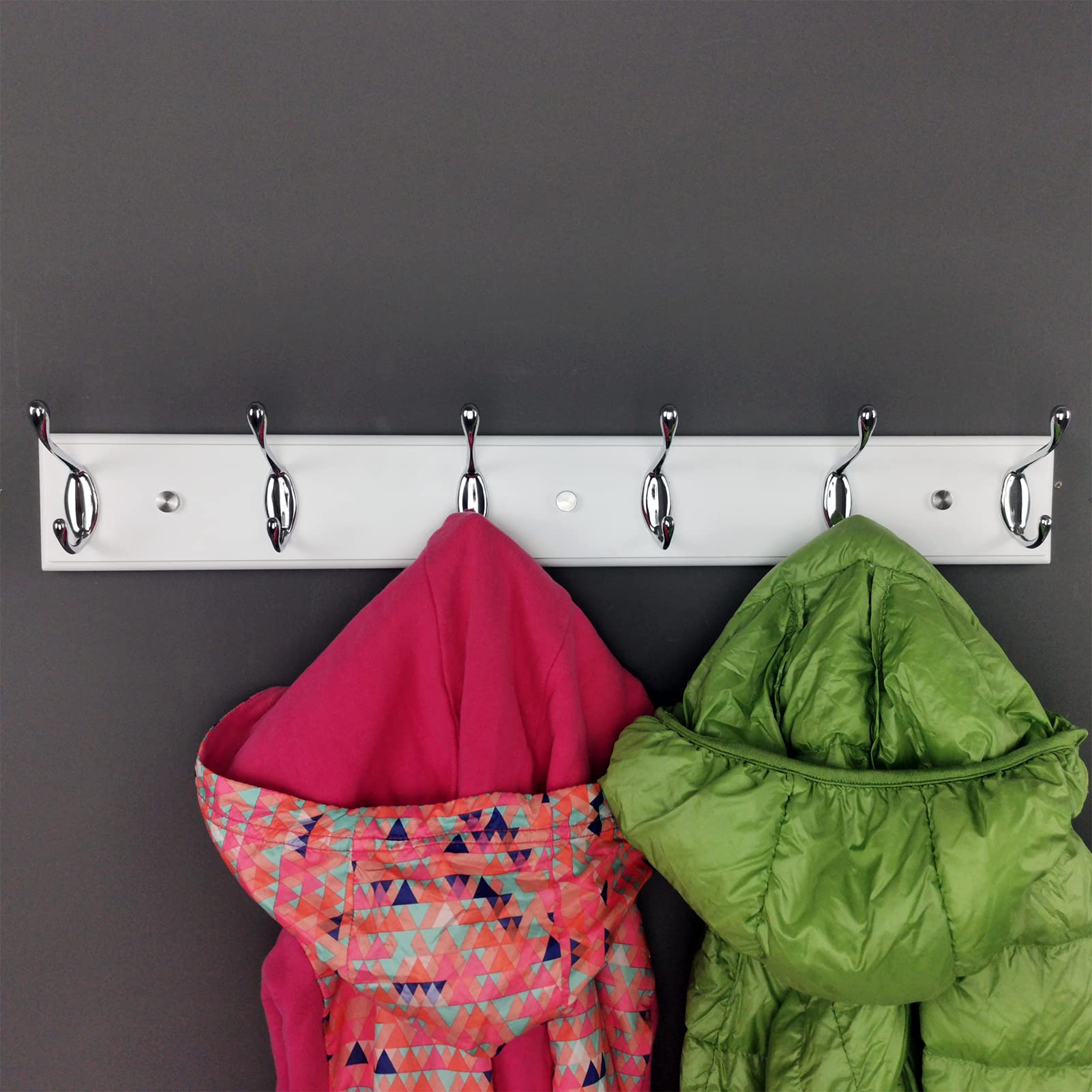 Porte-manteau mural de 58 cm avec 6 crochets argentés, cintre mural en bois blanc pour entrée, couloir, chambre à coucher, chambre d'enfant