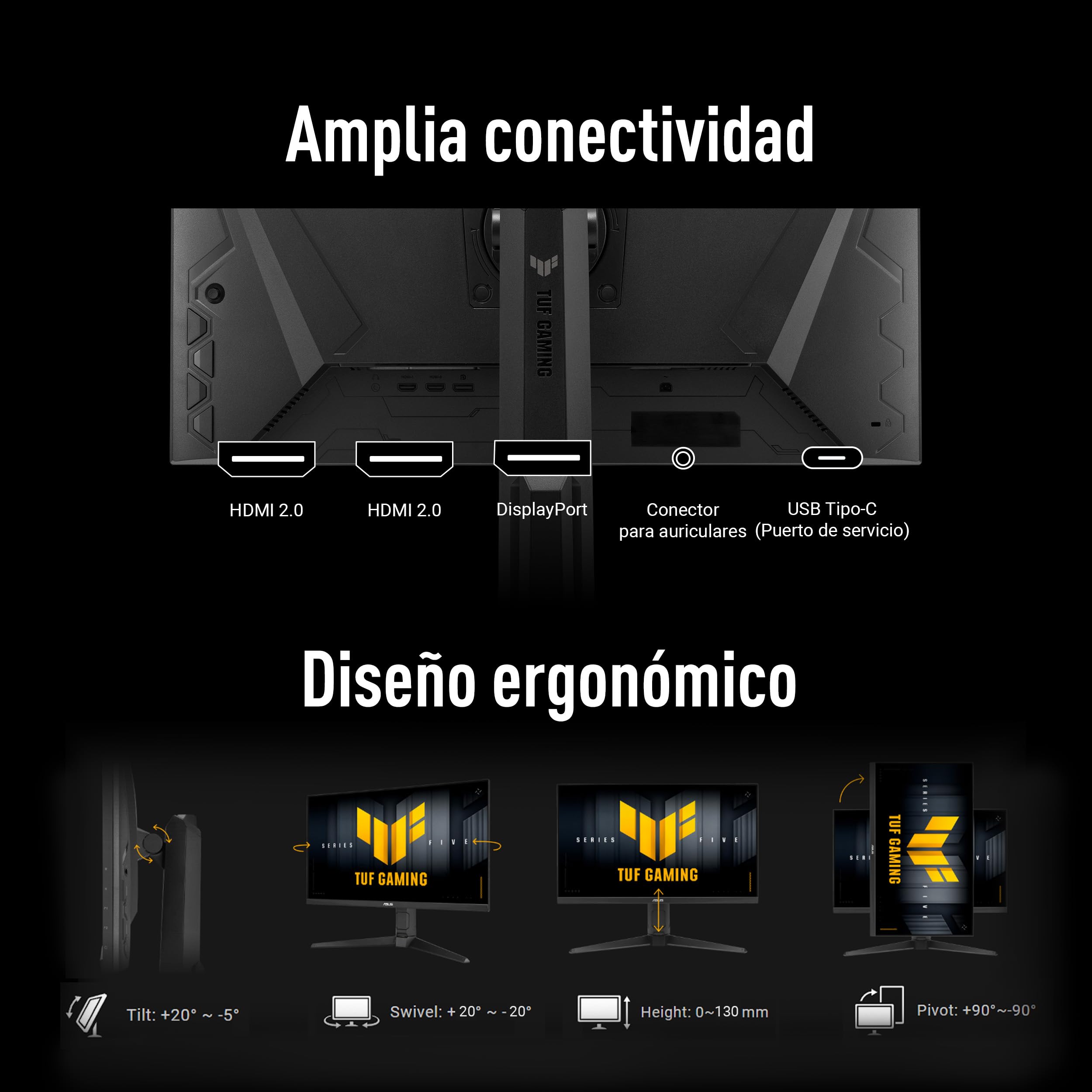 ASUS TUF Gaming VG27AQL5A Monitor de 27 Pulgadas, QHD (2560 x 1440), 210 Hz (OC), Fast IPS, ELMB Sync, 0.3 ms GTG (mín), Altavoz estéreo, DisplayWidget Center, IA Gaming, Ajuste de Altura
