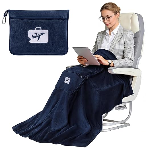 SINLAND Travel Pillow and Blanket 2-in-1 Set,Airplane Packable Bag,Soft and Lightweight Plane Flight Car Trips Travel Essentials Gift,Hand Luggage Sleeve and Backpack Clip,60x50 Inch NavyBlue
