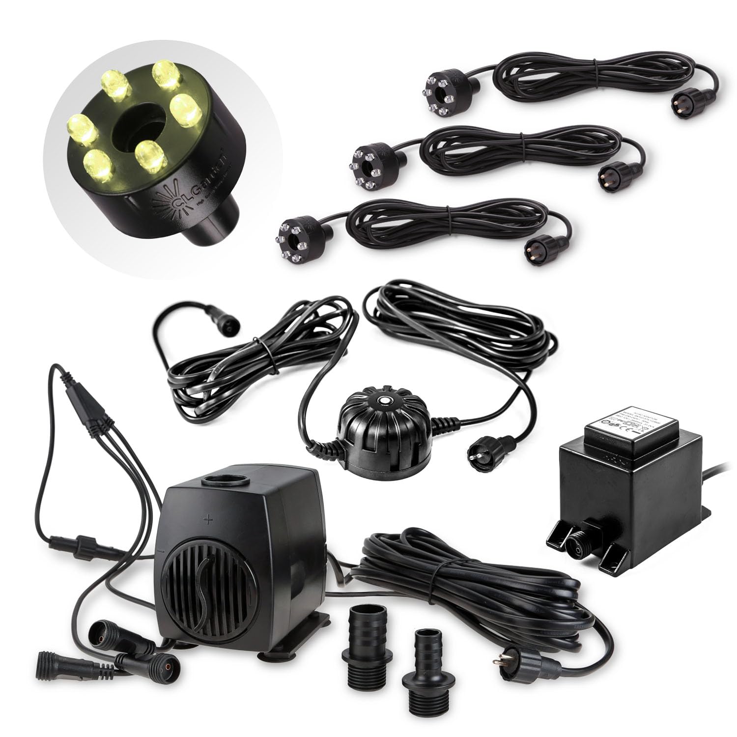 CLGarden Springbrunnen Pumpe SP3-L mit 3x Beleuchtungen warmweiß Lichtsensor 1300 Liter Wasserspiel Dämmerungssensor Pumpe mit LED