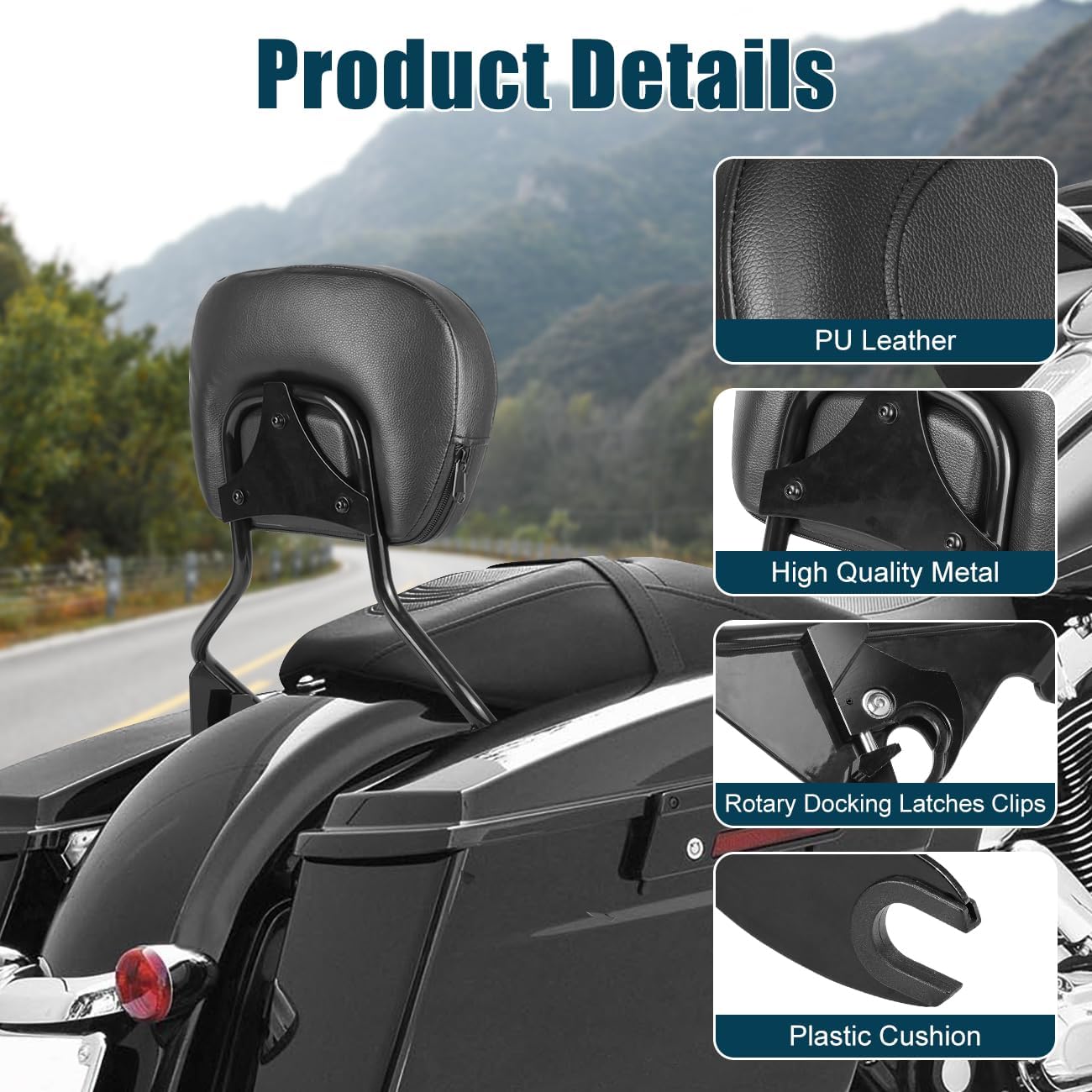 Detachable Upright Passenger Backrest Sissy Bar With Backrest Pad Compatible With for 2009-2025 Harley Touring Street Glide Road King Electra Glide Road Glide FLHR FLHX FLHT FLTR,Black