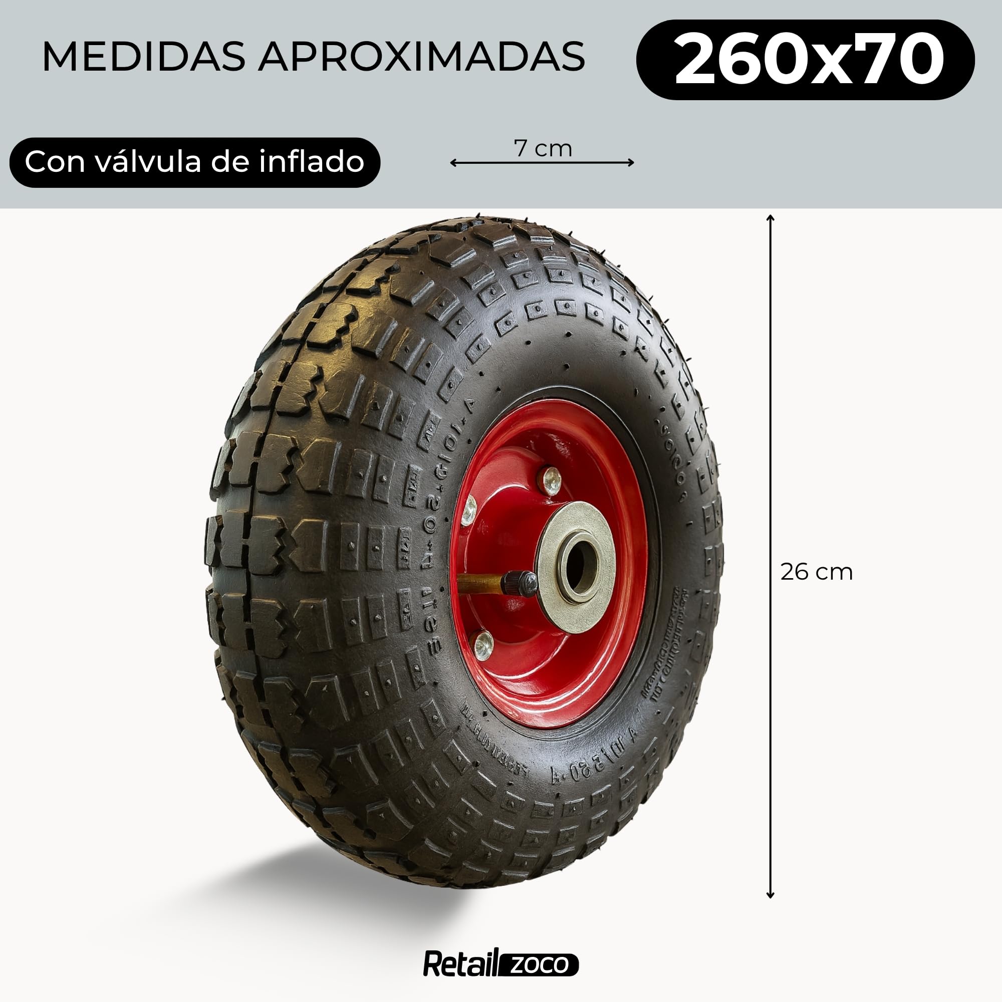 TECHZOCO Ruedas de carretilla inflable, Rueda Carros de Almacén, Rueda neumática, Llanta de Acero, Diámetro 250 mm, Ancho de banda 70 mm, Diámetro buje 20 mm, Soporta hasta 140 Kg, 2 Unidades