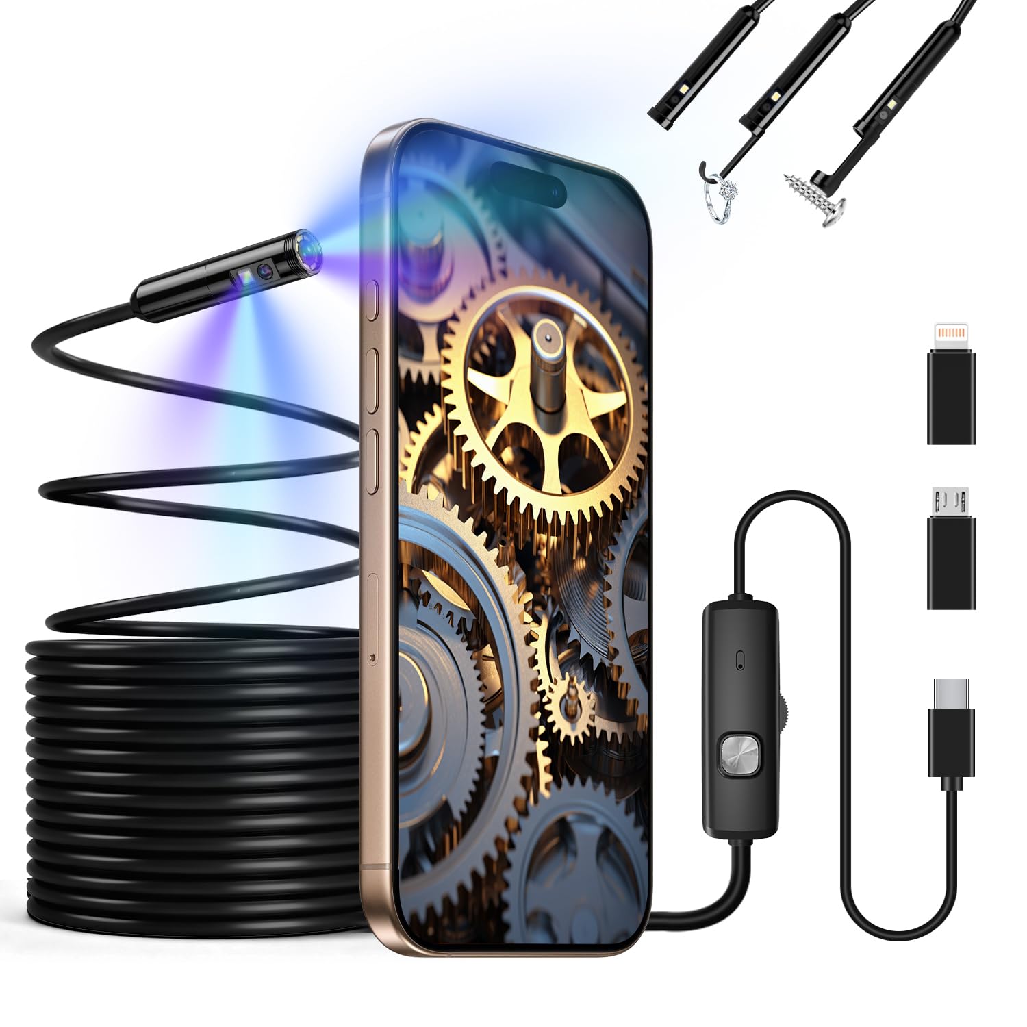 Camera Endoscopique, Camera Canalisation à Double Objectif HD 1920P, Caméras d'Inspection Sonde de 7,9mm Étanche IP67 avec 8 LED, Câble Semi-Rigide de 5M pour Android iPhone Tablettes