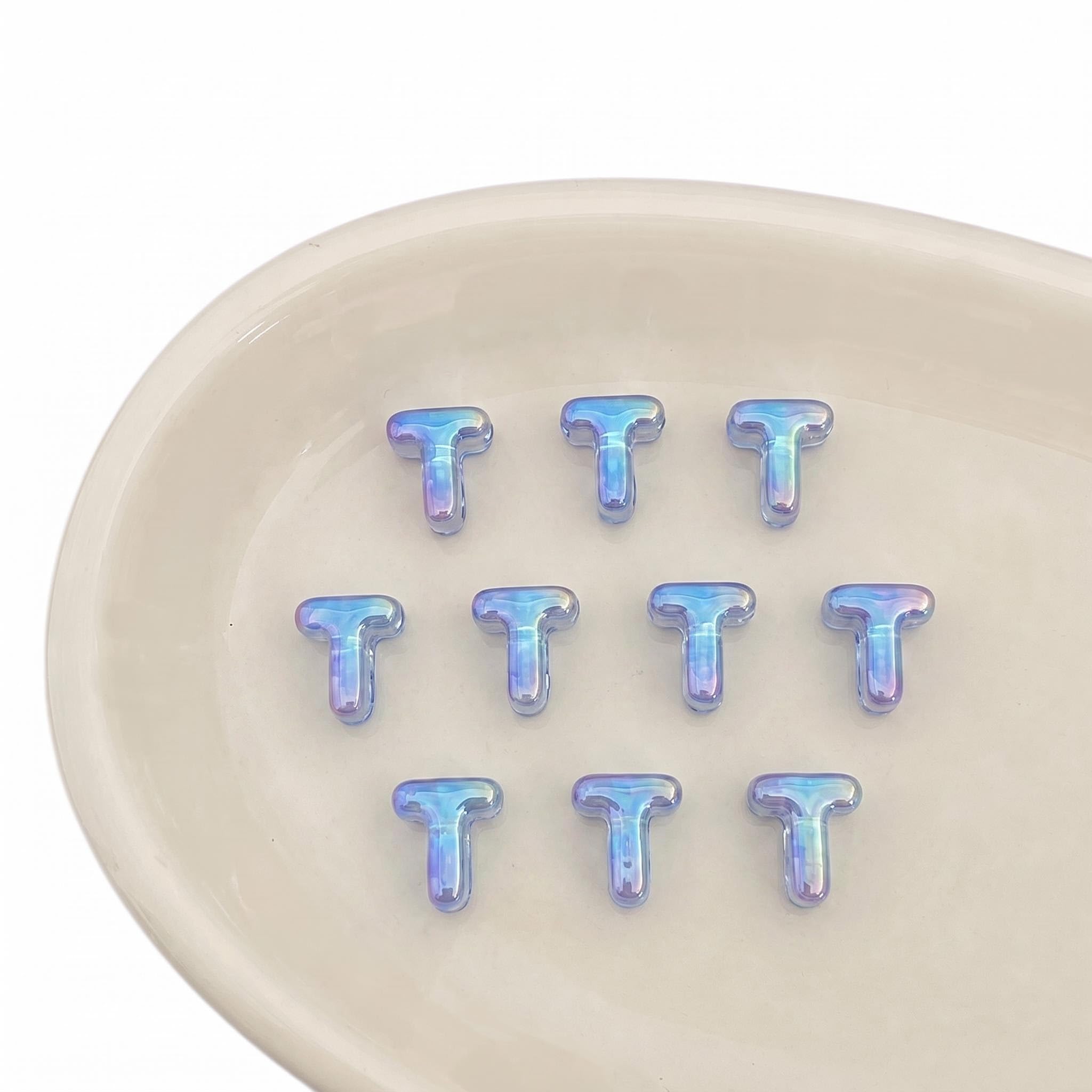 Letter Beads 10pcs, Large Acrylic Alphabet Beads with 6mm Hole, Iridescent Holographic UV Plated for Bracelet Making, Jewellery, Keyrings & Craft (Iridescent Blue, Letter T)