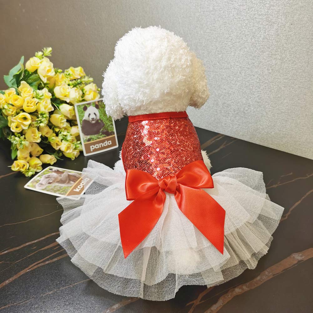 Wolyepor Puppy Princess Sequined Bow Dog Dress for Birthday Party (Small, Red)