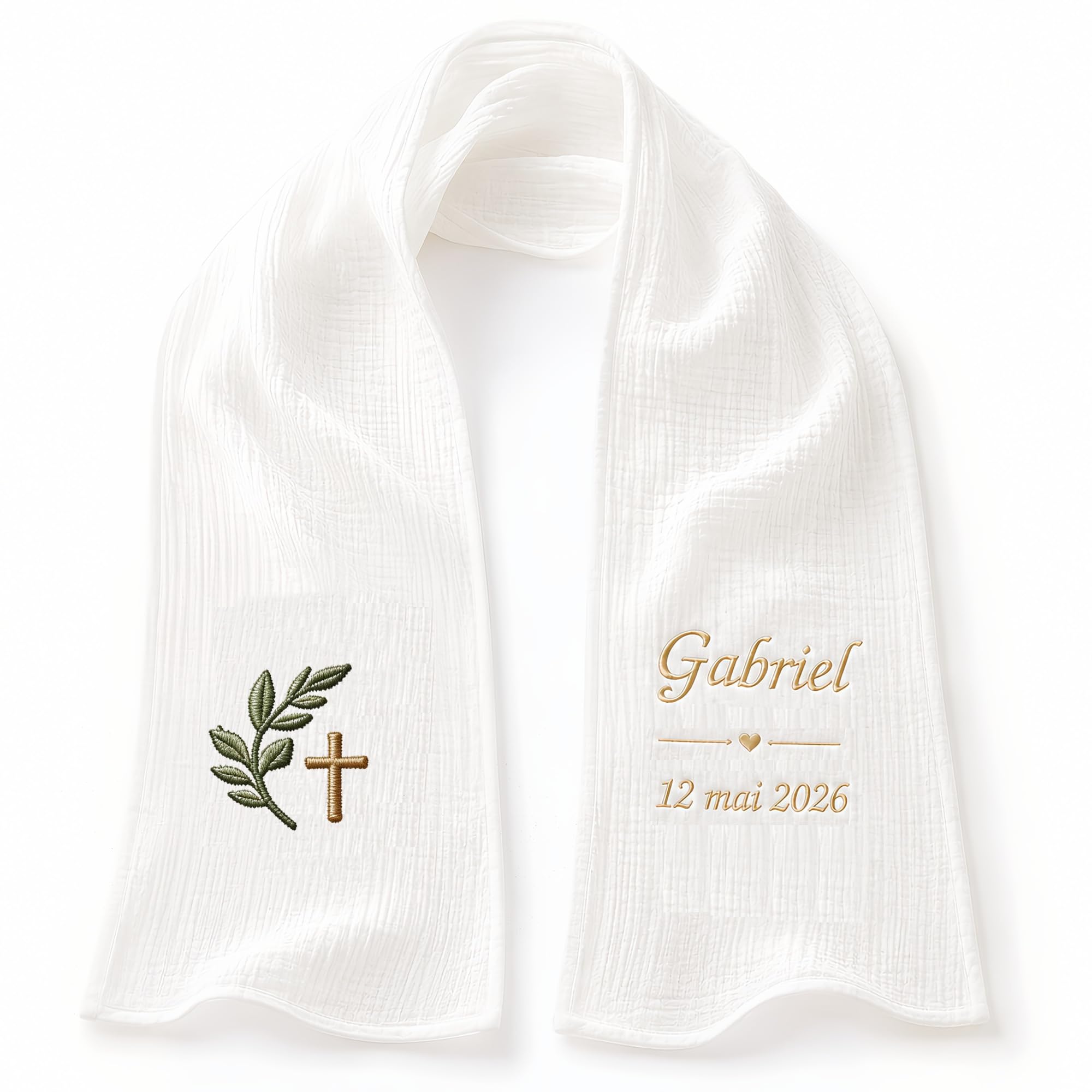 Écharpe de Baptême Personnalisée Bébé – Double Gaze de Coton Brodée Prénom & Date – Étole Baptême Blanche Douce et Légère – Cadeau Baptême avec Coffret Cadeau(Modèle 17)