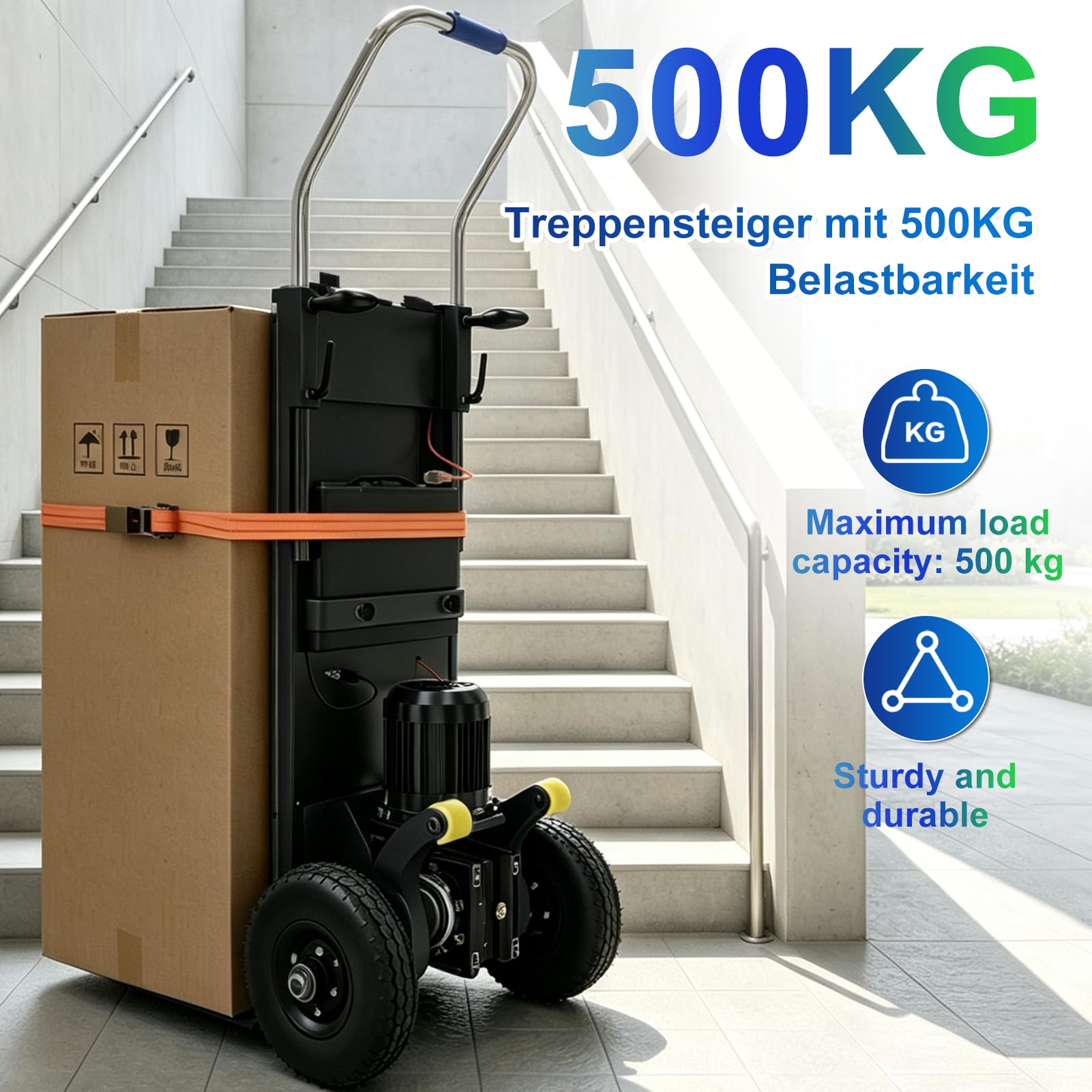 Chariot d'escalier électrique 1200 W - Charge maximale de 400 kg - Avec moteur sans balais - Pour contrôler les escaliers et les descentes - Avec poignée télescopique pour le transport de meubles