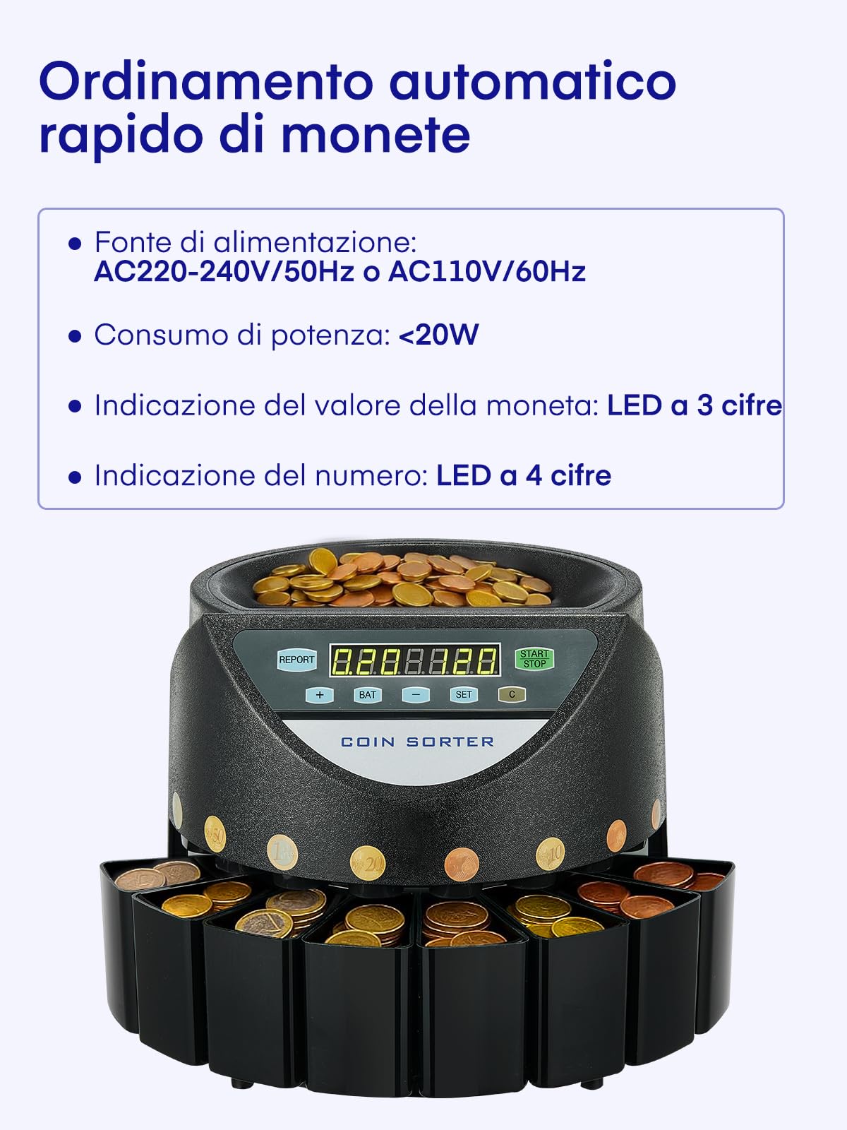 Macchina Contamonete Euro, Separatore Monete 300 Pezzi/Minuto, Capacità 800 Monete, Display LED 7 Cifre e Pannello di Controllo, 8 Cassetti di Raccolta, per Negozi, Scuole, Banche e Tabaccherie