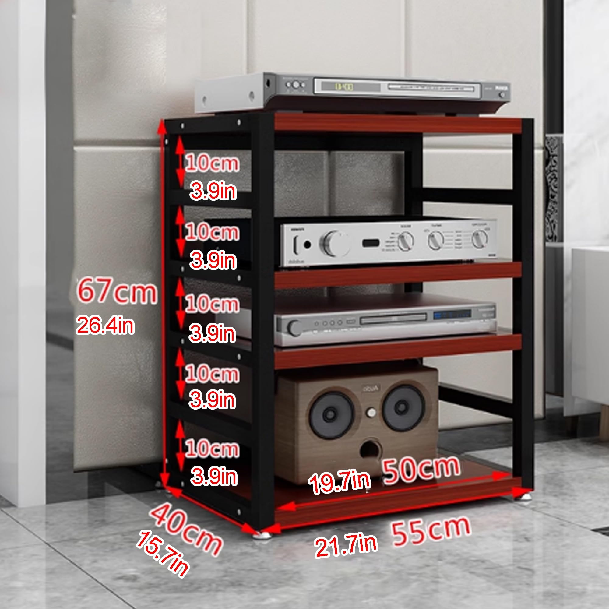 Stojak audio, 4-poziomowy stojak stereo AV, wysokość 67 cm, regał audio-wideo, szafka multimedialna, stojak na komponenty audio, otwarta konsola multimedialna, stojak na sprzęt audio, do salonu