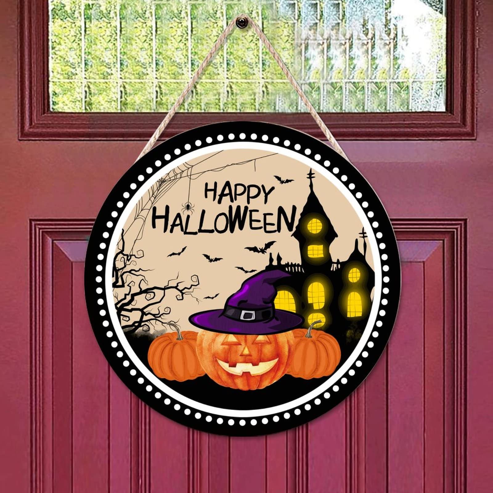 Letrero Colgante De Halloween De Madera - Sombrero De Mago Y Murciélagos, 20x20 Cm