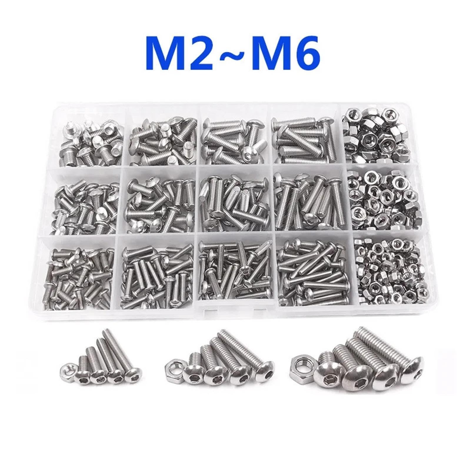 304 Stainless Steel Hex Socket Head Cap Screw Nut Bolt Assortment Kit M2-M6