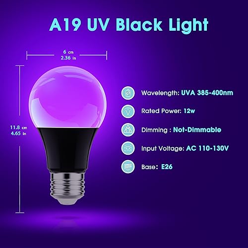 Miniatura 6 de Bombillas negras, bombilla LED negra de 12 W para decoración de Halloween, luz ultravioleta negra UVA de 385-400 nm, bombilla negra A19 para brillar