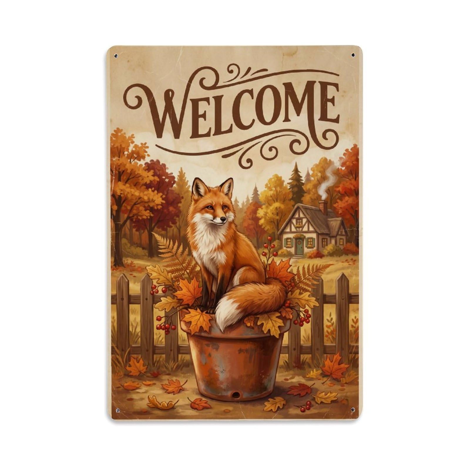 Cxhjca 8X12inch(20X30cm) Vintage Welcome Fox Countryside Metal Tin Sign