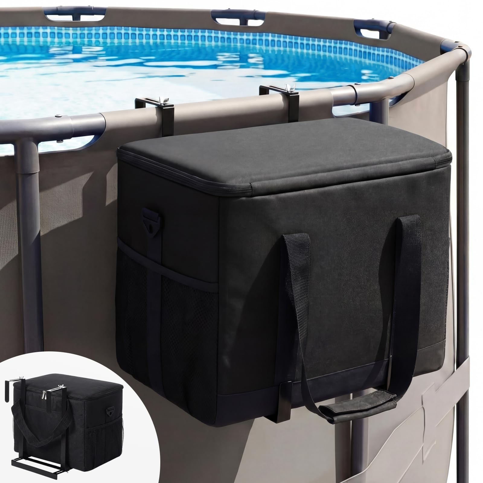 Photo 1 of Sunnymove Summer Pool Cooler for Above Ground Pool, 27L Poolside Insulated Cooler Bag with Adjustable Metal Stand Waterproof Ice Chest Holder with Aluminum Foil Liner for Swimming Accessories(Black)