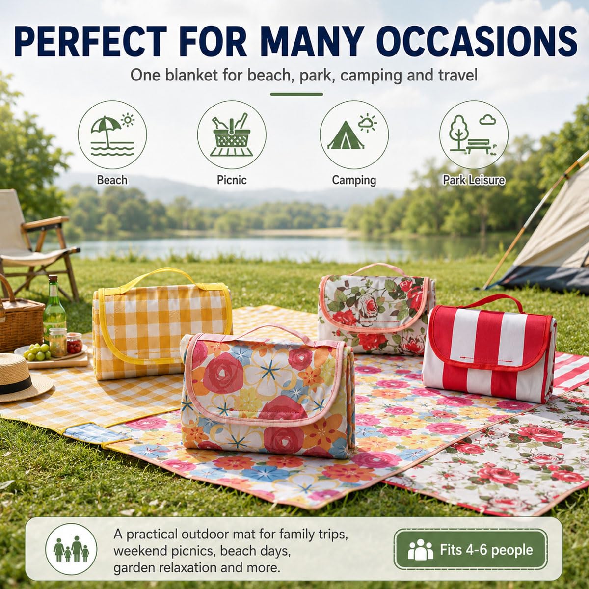 Coperta Da Picnic Pieghevole 150 X 200 CM Tappetino Da Picnic Per Esterni | Coperta Da Spiaggia Impermeabile Con Maniglia Per Il Trasporto, Design E Superficie Facile Da Pulire, Per Spiagge, Parchi, Ca