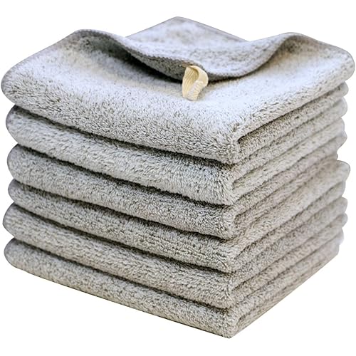 KLNYOO Microfiber Facial Cloths for Face, Eye, Lips Fast Drying Reusable Bamboo Charcoal Washcloths Ultra Soft Face Towels Makeup Remover Cloths for Bath 12inch x 12inch White 6 Pack Grey