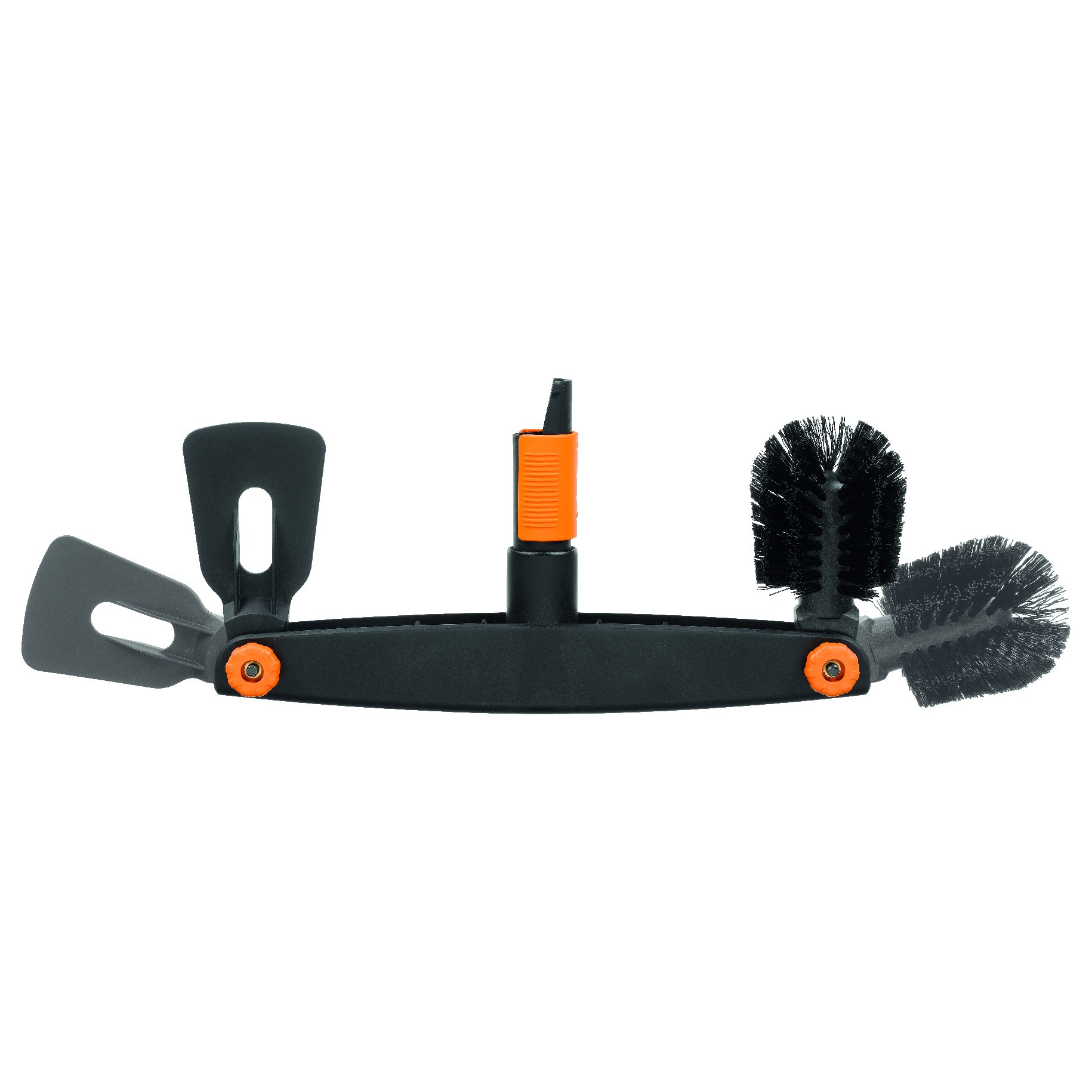 Fiskars Brosse pour Joints pour desherber, émousser sur la terrasse, L: 18,5 cm, L: 15 cm& Nettoyeur de gouttière, avec grattoir et Brosse Ajustables, Tête d'outil QuikFit, L: 4,5 cm, Noir/Orange