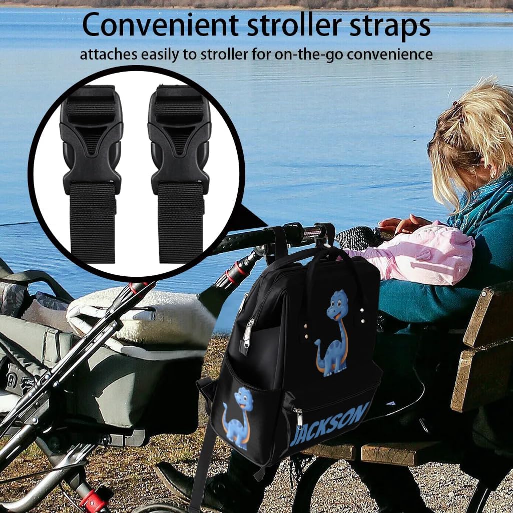 Custom Blue Smile Dinosaur Baby Black Diaper-Bags Backpack for Mom Mother,Personalized Name Maternity Nappy Bag with Stroller Strap,Waterproof for Travel,11”*7”*15.7”