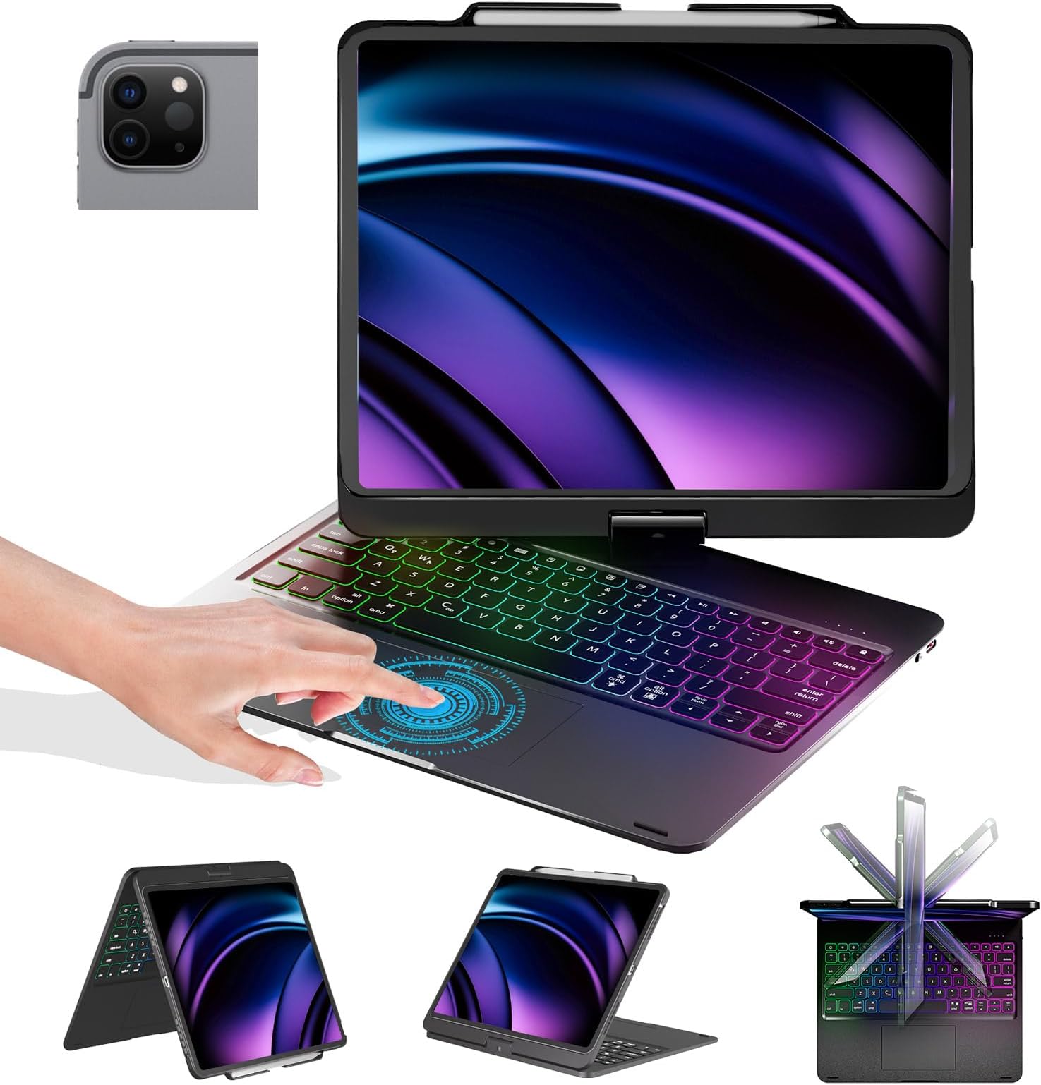 BABG iPad Pro 12.9 inch 6th Generation 2022 Case with Keyboard and Touchpad, Compatible with iPad Pro 12.9-inch 5th Gen 2021/4th Gen 2020/3rd Gen 2018, Rainbow Backlits & Apple Pencil Charging - Black