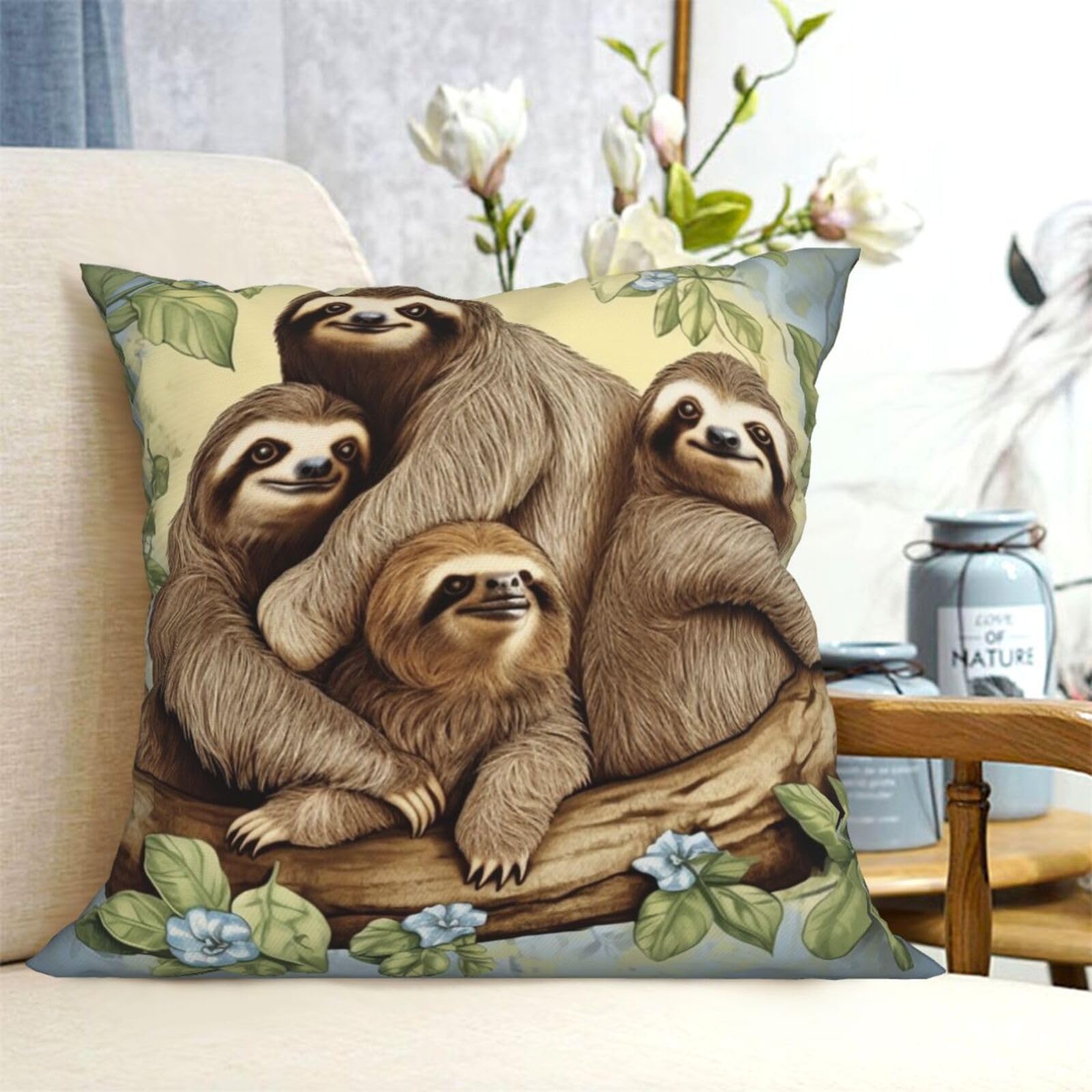Fodpand Black Decorative Throw Pillow Covers 20"X20" Sloth Family Cushion Cases Square Modern Farmhouse Pillow Cases Soft Cozy Cushion Covers For Couch Sofa Bedroom Home Decor Pillowcase