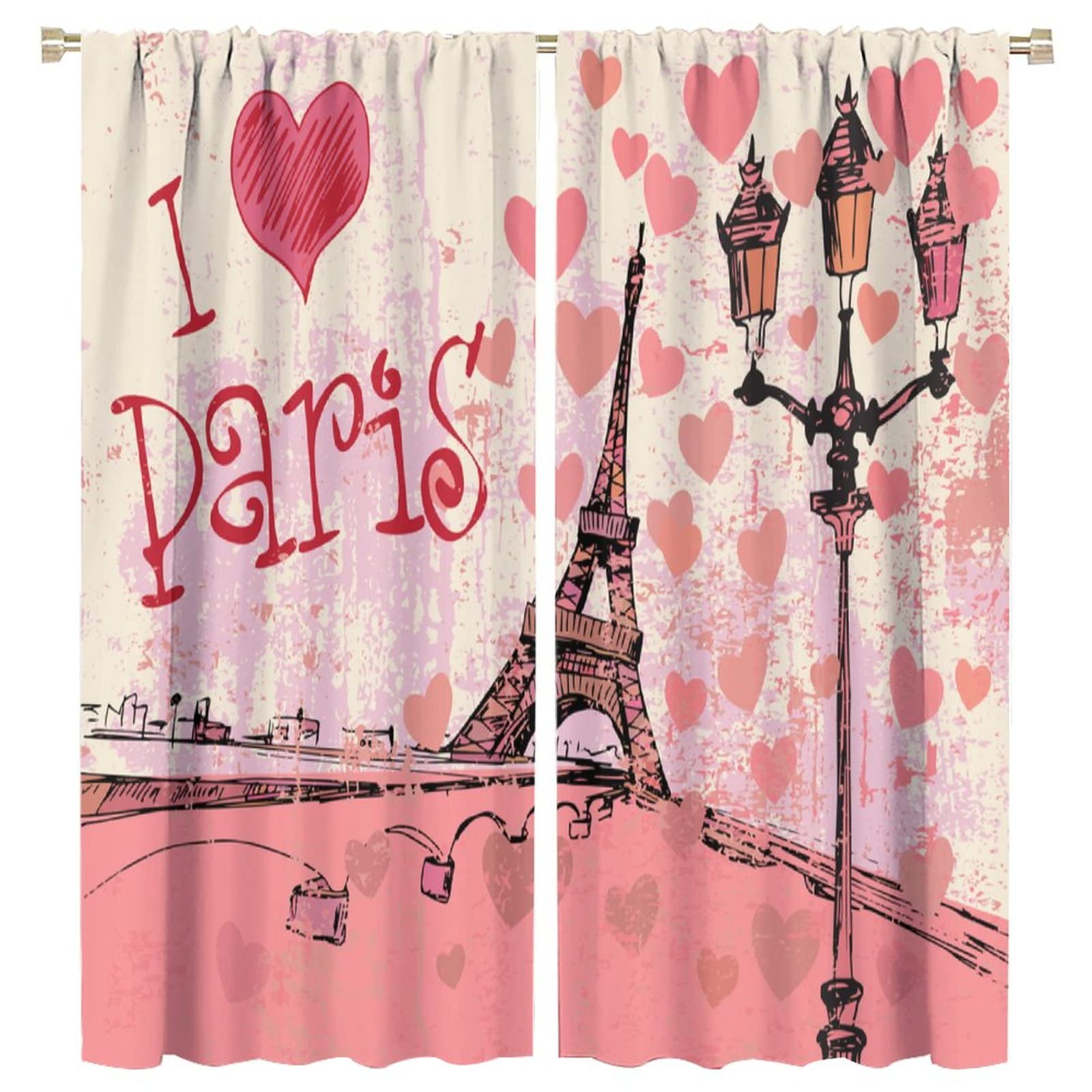 JESTRONRY Eiffel Tower Paris Window Curtains,City Pink Romance Graffiti Style Room Darkening Door Window Rod Pocket Curtain for Living Room Bedroom Kitchen Bathroom,2 Panel Set W63xL72in