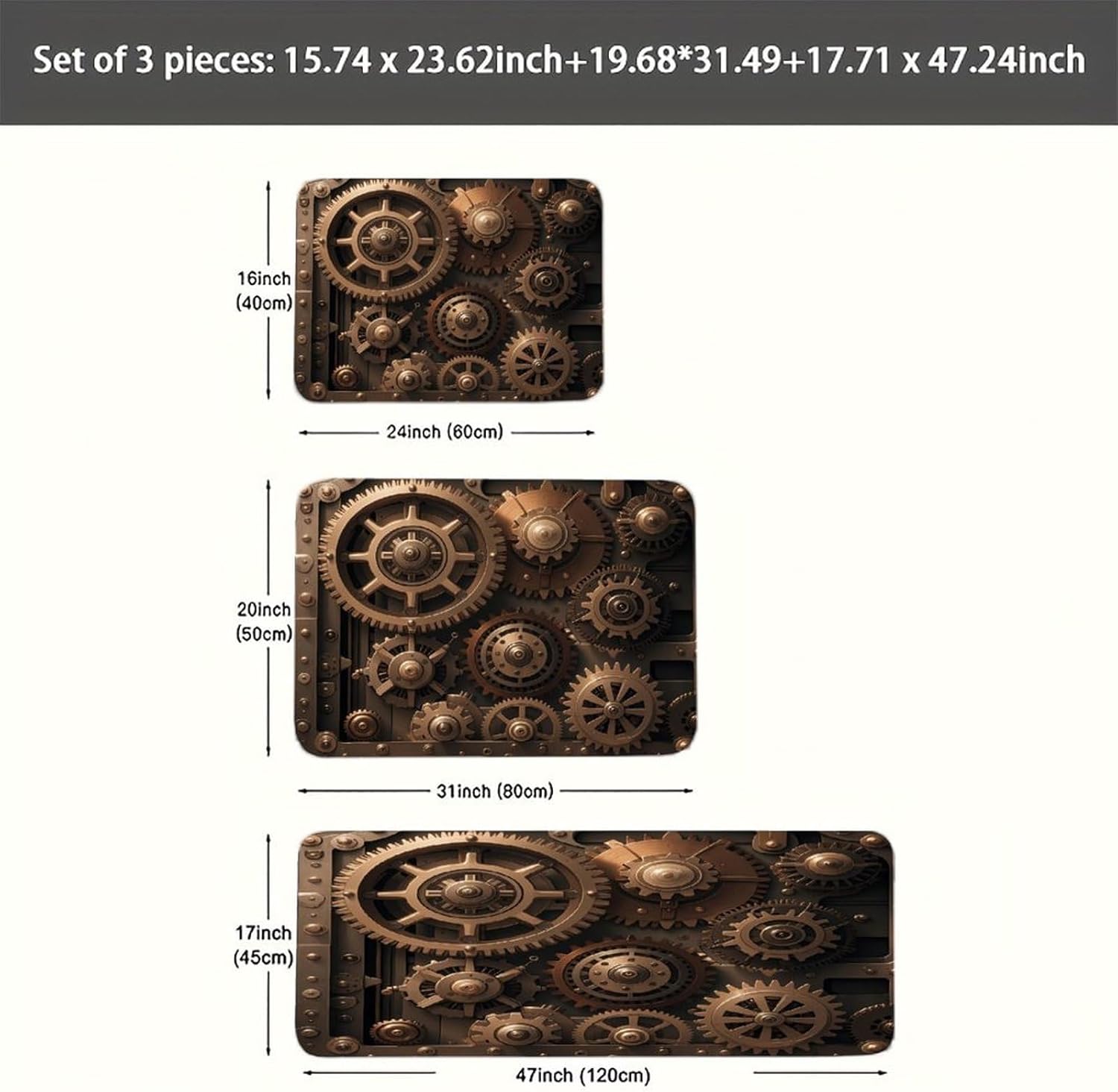 Steampunk Mechanical Gears Kitchen Mats for Floor 3PCS Waterproof Low-Profile Kitchen Rugs Floor Mat Non Slip Anti Fatigue Mats Comfort Standing Mat Runner Rug Area Rug 6"x24"+20"x31"+17"x47"