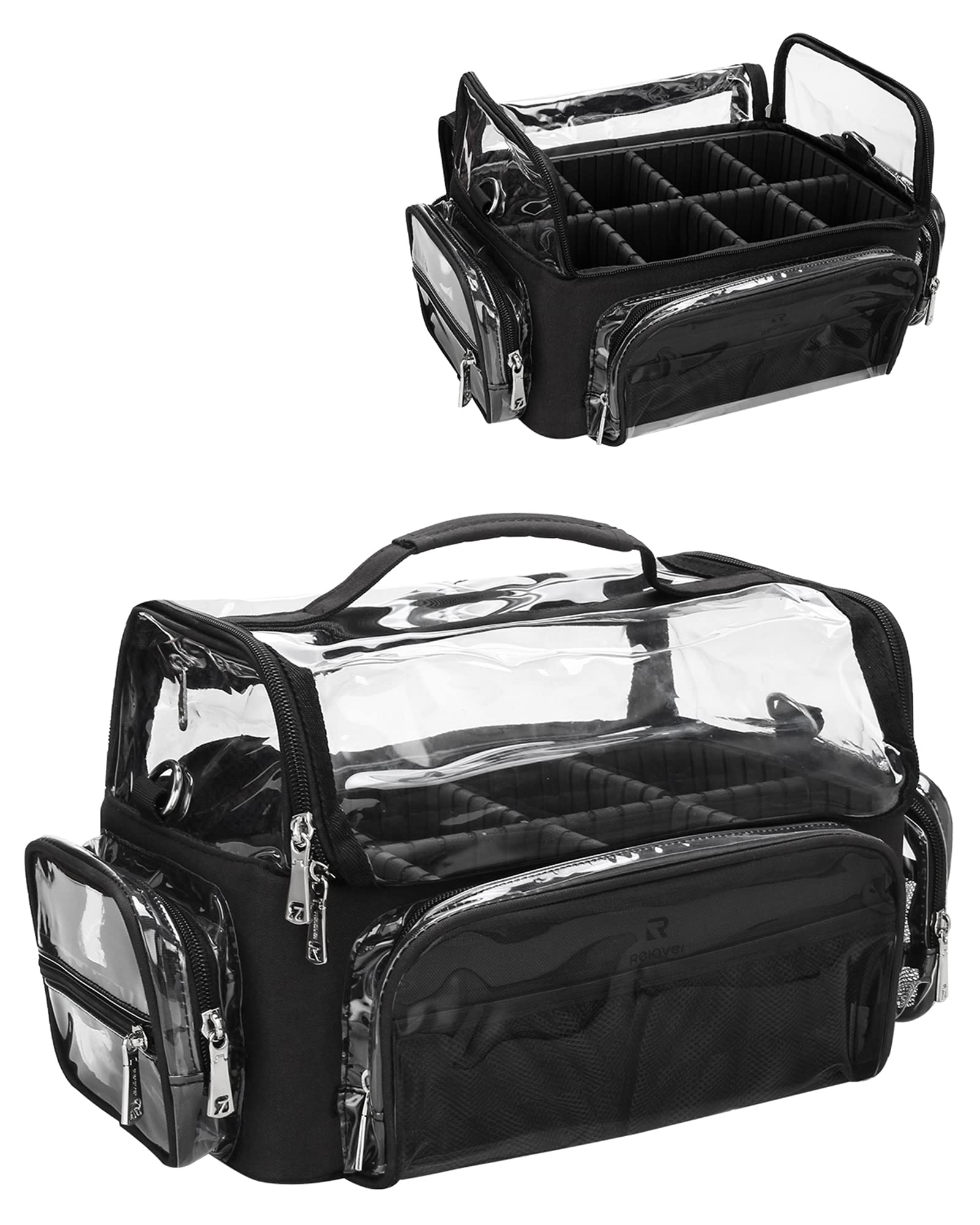 Relavel Makeup Brush Case - Extra Large, Professional Makeup Brush Holder Makeup Artist Travel Case Clear Waterproof Cosmetic Organizer Bag with Adjustable Strap and Dividers, Full Open Easy to